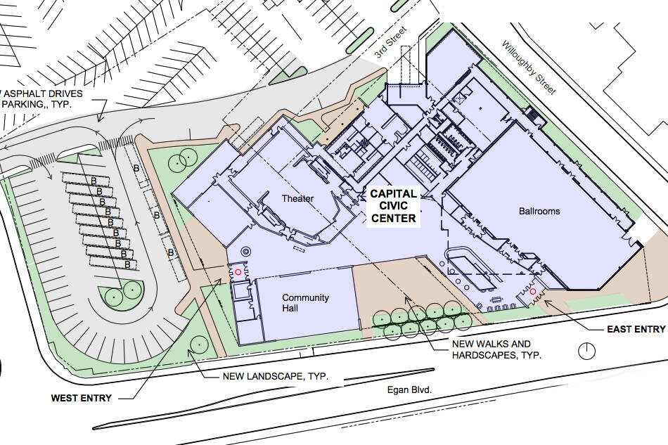 This is a photo of the current site plan of the proposed Capital Civic Center. Thursday evening the city was given an update on the project’s concept design which is expected to cost up to $75 million and would include amenities like a theater, community hall, gallery, ballroom and business center. (City and Borough of Juneau)