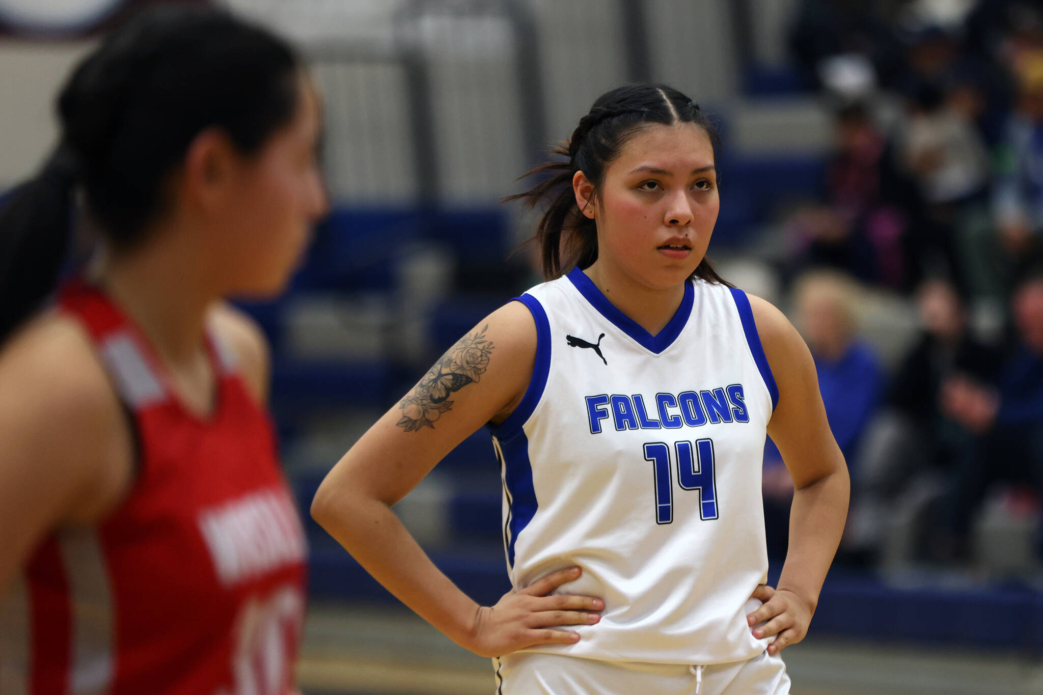 TMHS senior Kiara Endicott gets ready to sink two free throws late in a home game against Wasilla. Kookesh would finish as her team’s co-leading scorer on the back of 5 fourth-quarter points. (Ben Hohenstatt / Juneau Empire)
