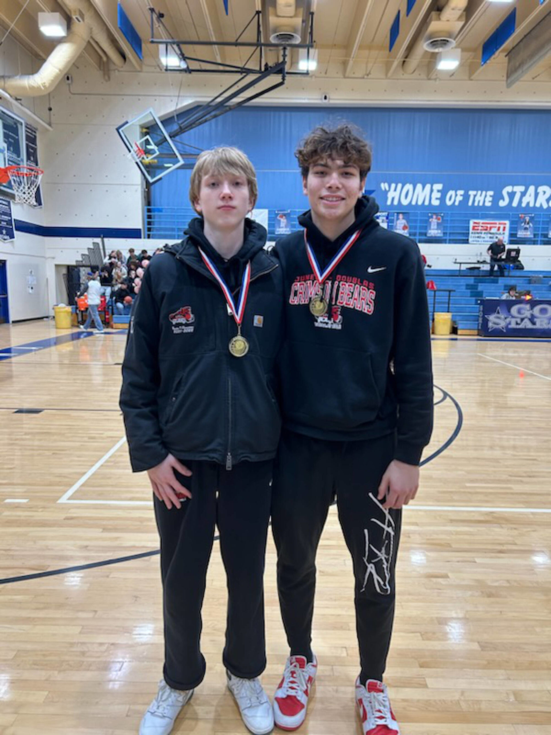 JDHS junior Sean Oliver and senior Orion Dybdahl share all-tournament honors at the conclusion of this year’s 3-game Al Howard Shootout tournament in Soldotna. (Courtesy Photo / Robert Casperson)