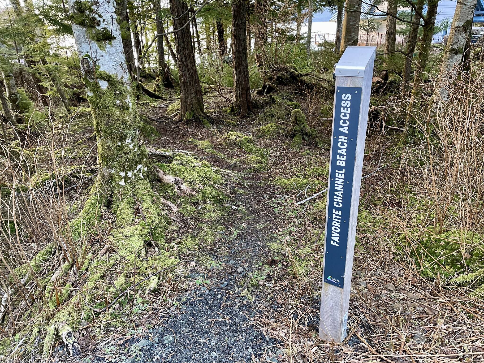 Lauren Cusimano / For the Juneau Empire 
This photo shows the Favorite Channel Beach Access walk with a new trail marker.