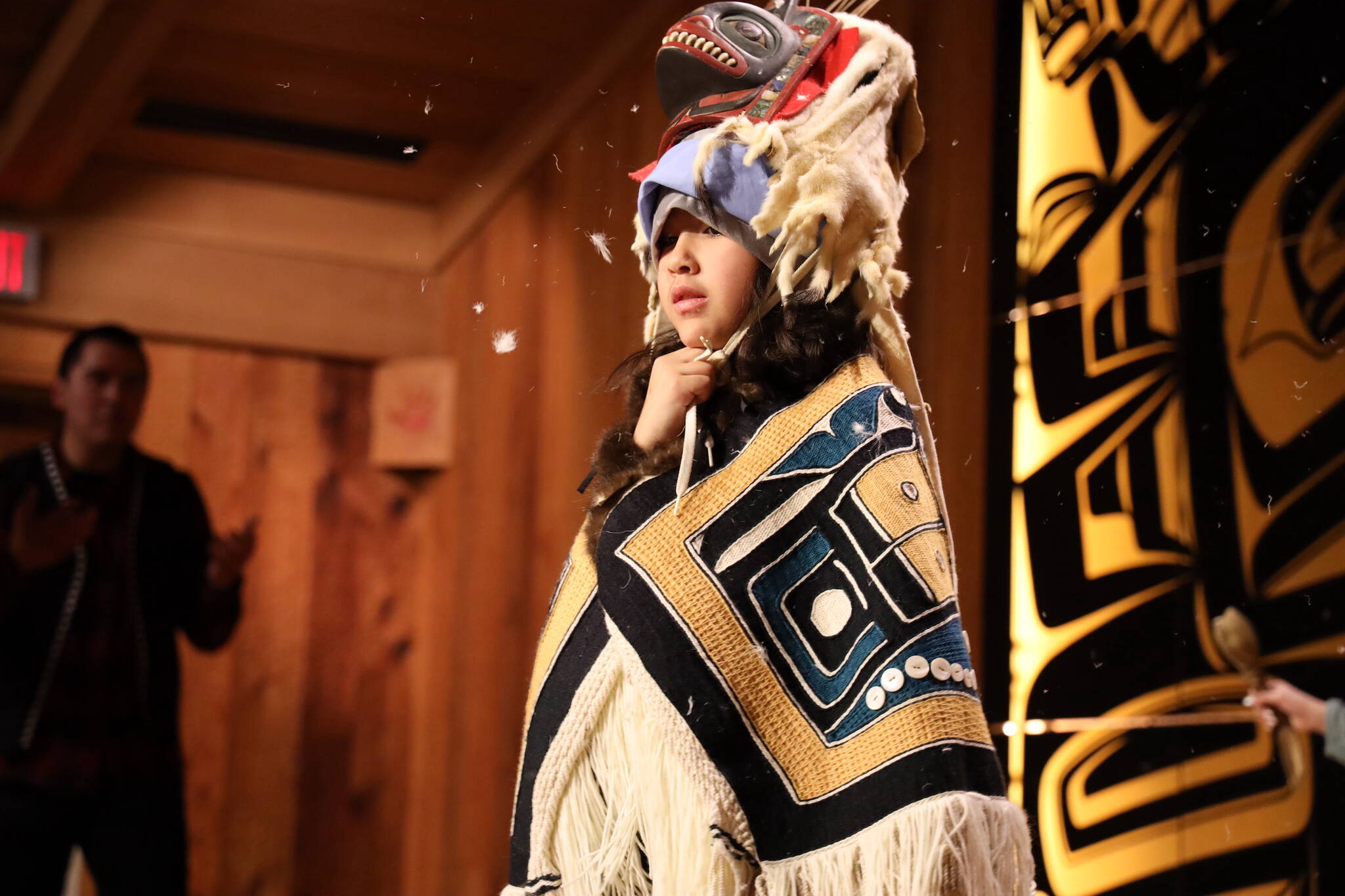 Clarise Larson / Juneau Empire
Awastí George-Frank from the Tlingit Culture Language and Literacy program at Harborview Elementary School performs during the Chilkat dancing-of-the-robes ceremony Wednesday afternoon.