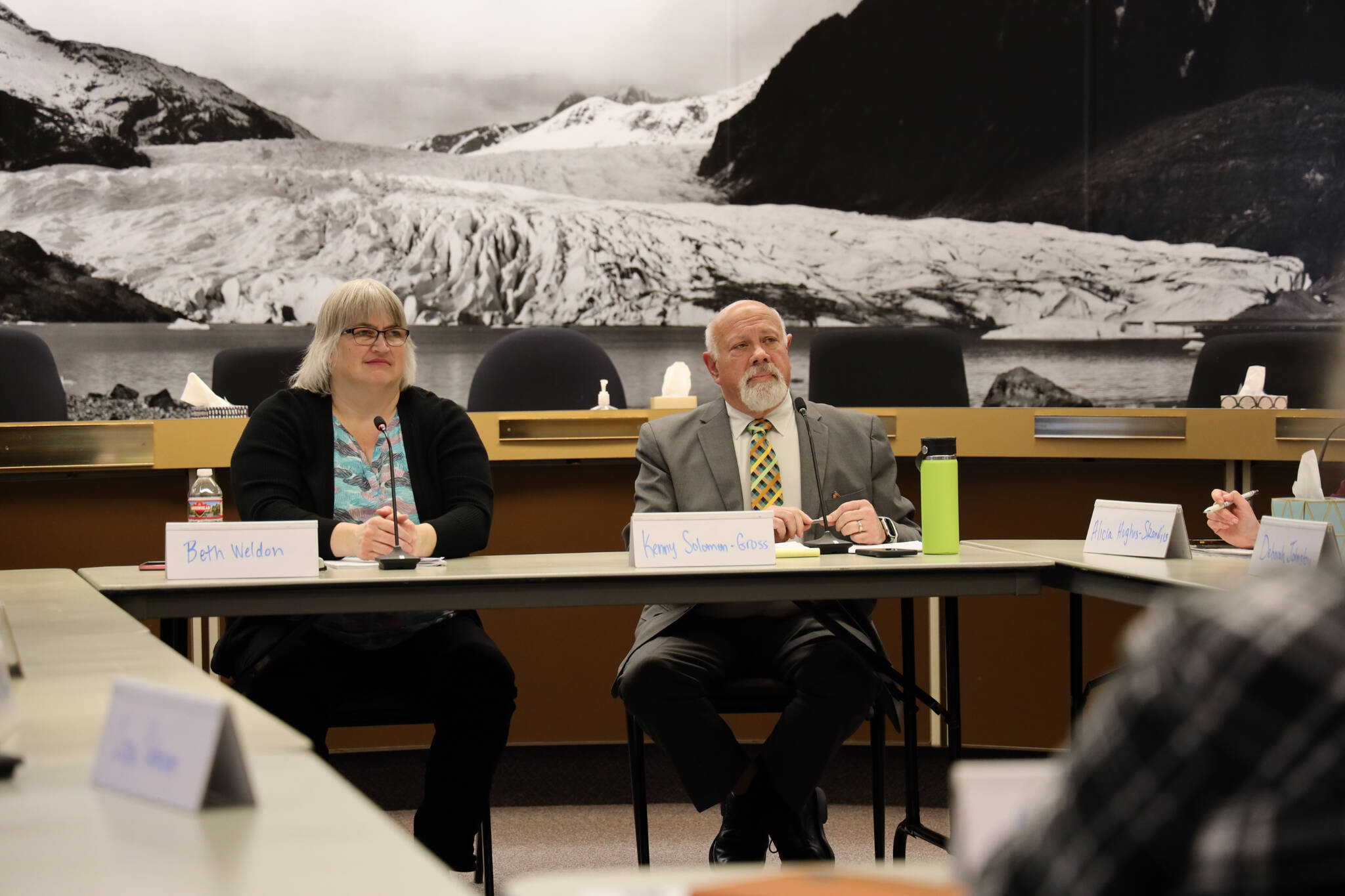 Clarise Larson / Juneau Empire 
City and Borough of Juneau Mayor Beth Weldon and Bartlett Regional Hospital Board President Kenny Solomon-Gross sit next to each other during a joint meeting between the Assembly and hospital’s senior leadership team and board to discuss the hospital’s current multi-million dollar deficit and financial state.