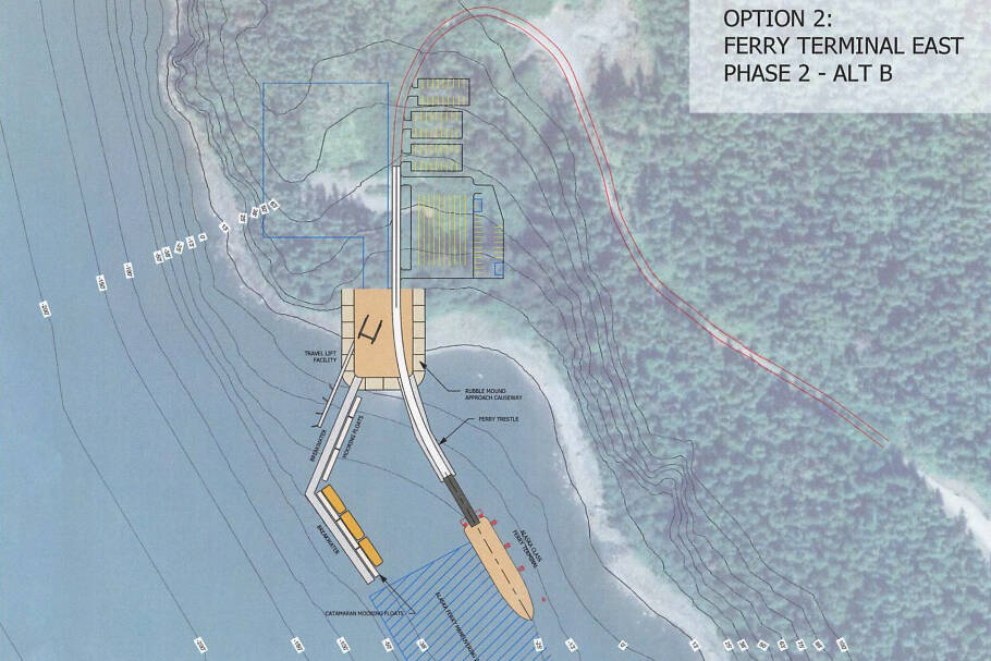 This is a concept design drawing that was included in the request for proposal sent out by the Alaska Department of Transportation and Public Facilities seeking outside engineering and design services to determine whether it’s feasible to build a new ferry terminal facility in Juneau at Cascade Point. (Alaska Department of Transportation and Public Facilities)