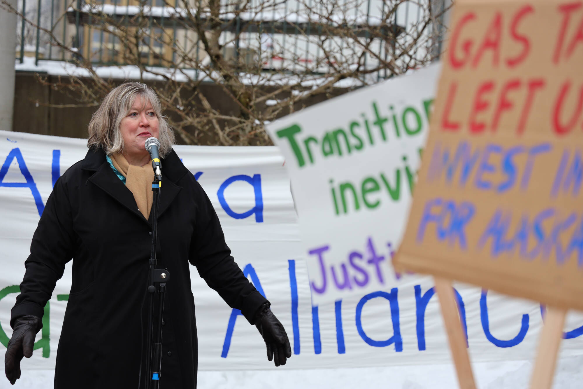 Clarise Larson / Juneau Empire 
Rep. Sara Hannan of Juneau speaks to a crowd of climate activists who held a rally outside the Alaska State Capitol Friday afternoon in advocacy for legislative action to improve Alaska’s renewable energy development and future sustainability.