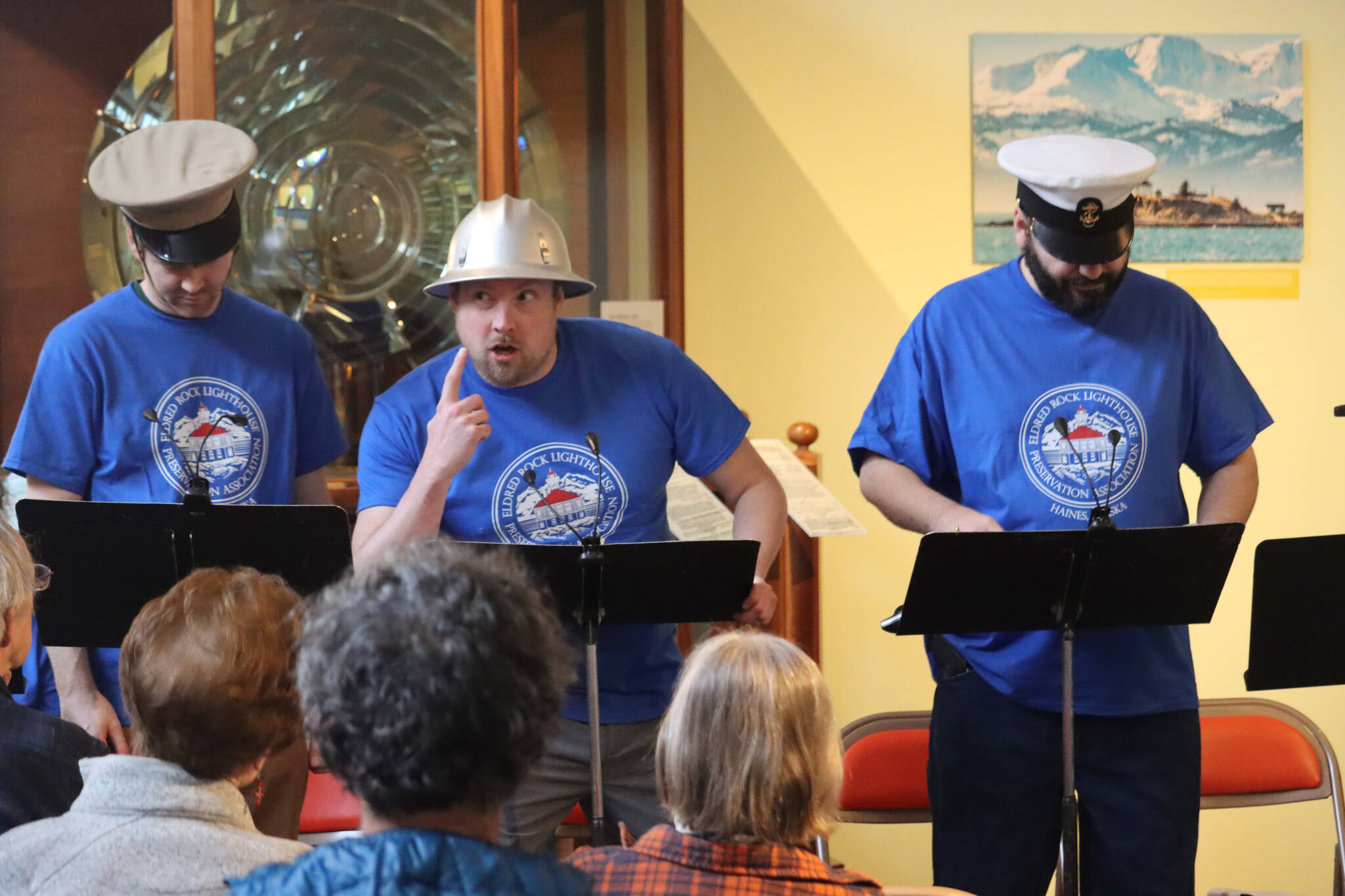 Jonson Kuhn / Juneau Empire 
Kyle Clayton, Ryan Staska and Brandon Wilks, all members of the Lynn Canal Community Players, perform a staged reading of the play, “The Strange Fate of the Clara Nevada” on Sunday at the Haines Sheldon Museum to commemorate the 125th anniversary of the ship’s sinking in 1898.