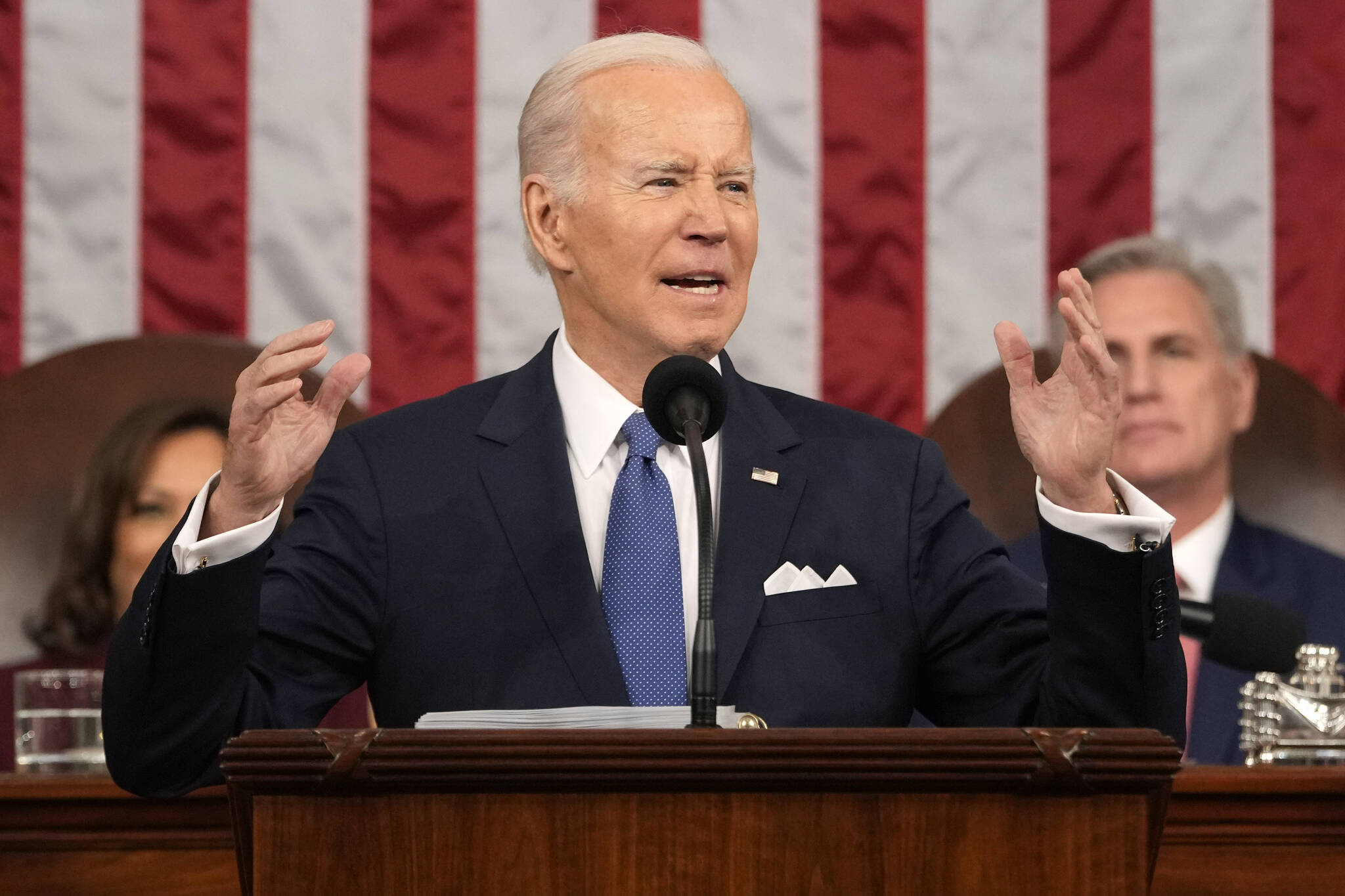 Jacquelyn Martin, Pool 
President Joe Biden delivers the State of the Union address to a joint session of Congress at the U.S. Capitol, Tuesday, Feb. 7, 2023, in Washington, as Vice President Kamala Harris and House Speaker Kevin McCarthy of Calif., listen.