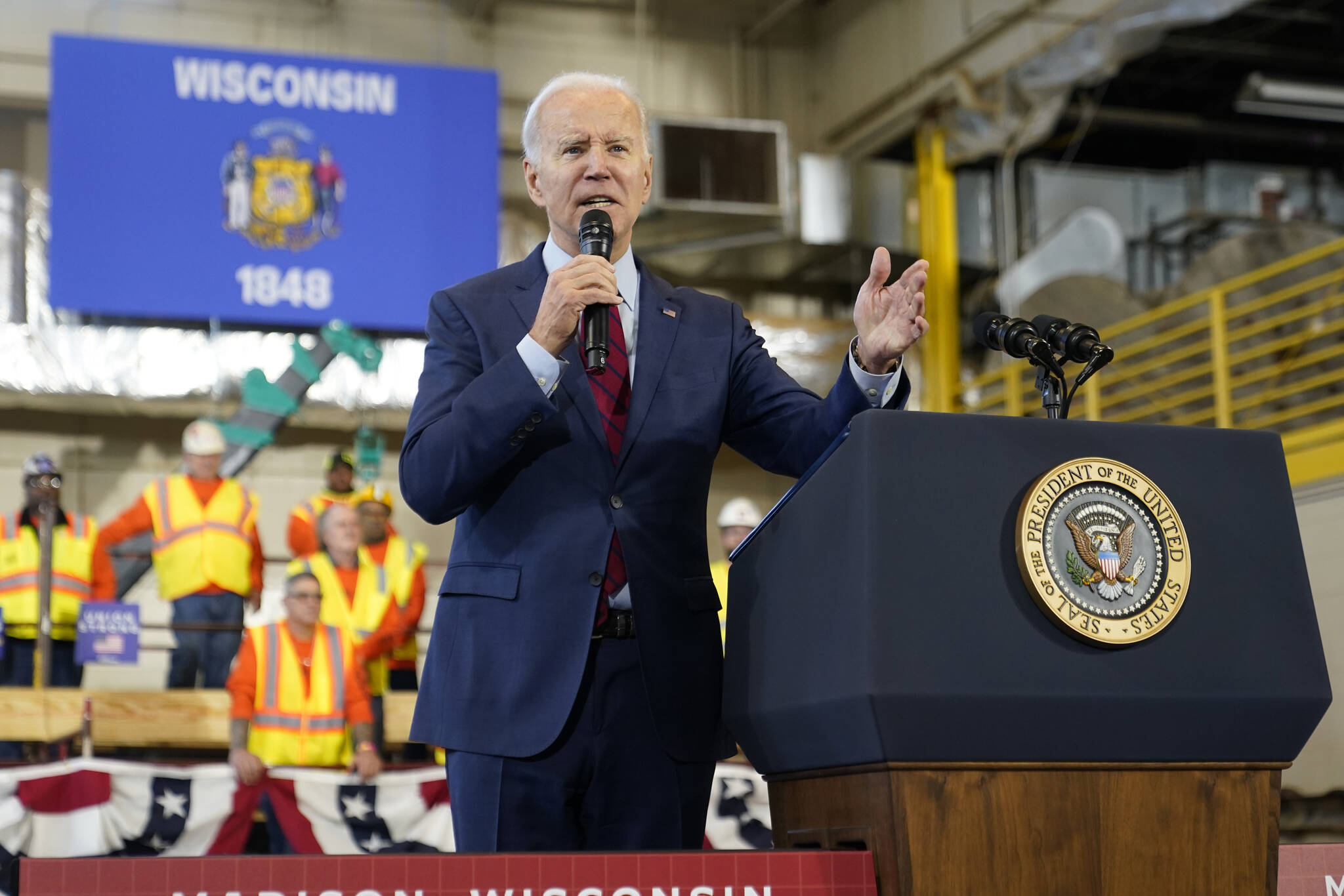 President Joe Biden speaks about his economic agenda at LIUNA Training Center, Wednesday, Feb. 8, 2023, in DeForest, Wis. Plans for entitlement programs factored heavily into his State of the Union address. (AP Photo / Patrick Semansky)