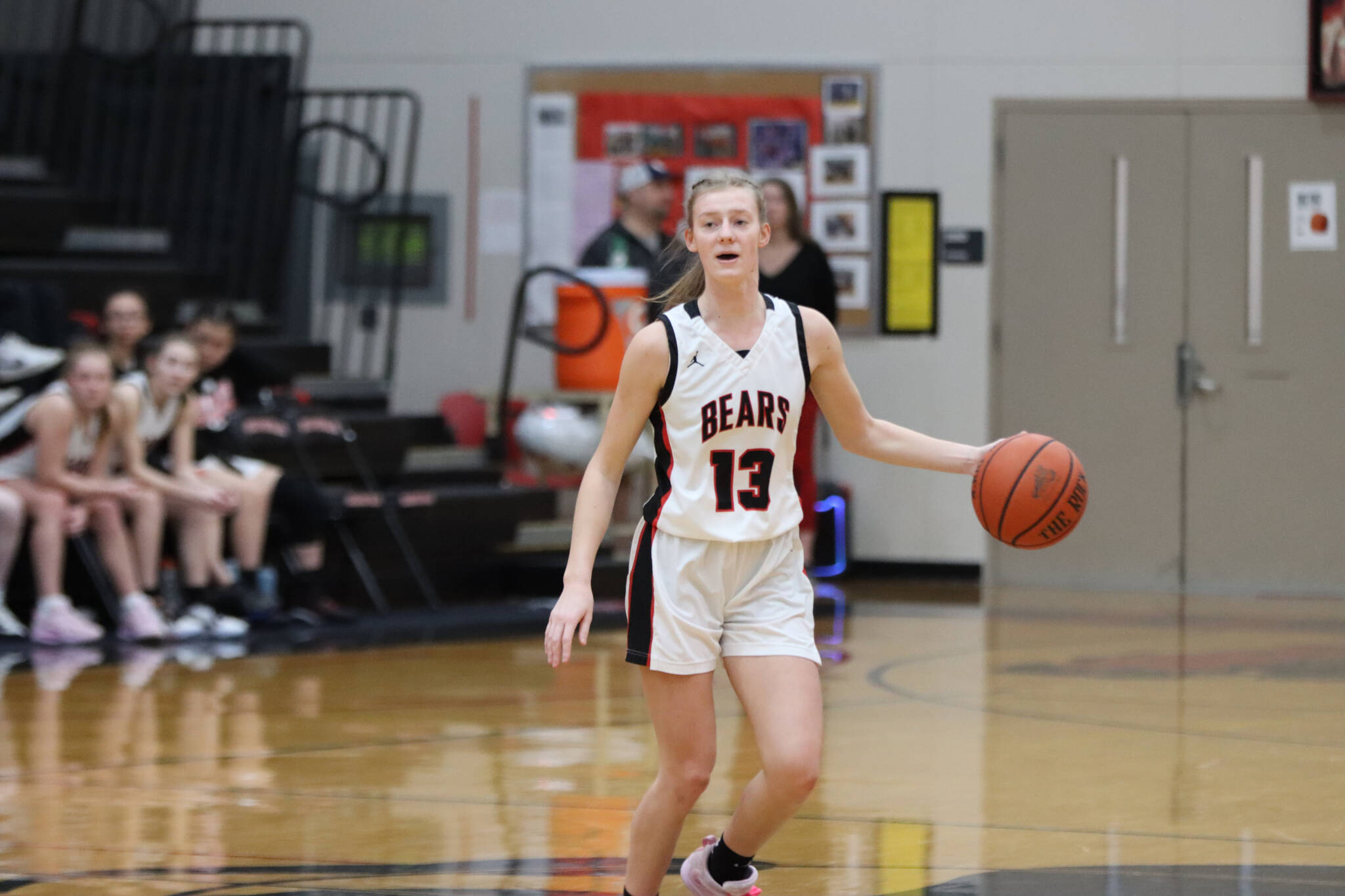 JDHS senior Skylar Tuckwood sets up the offense on Saturday against Ketchikan High School for the second game at home against the Lady Braves. Tuckwood led JDHS in scores for a total of 19 points. (Jonson Kuhn / Juneau Empire)