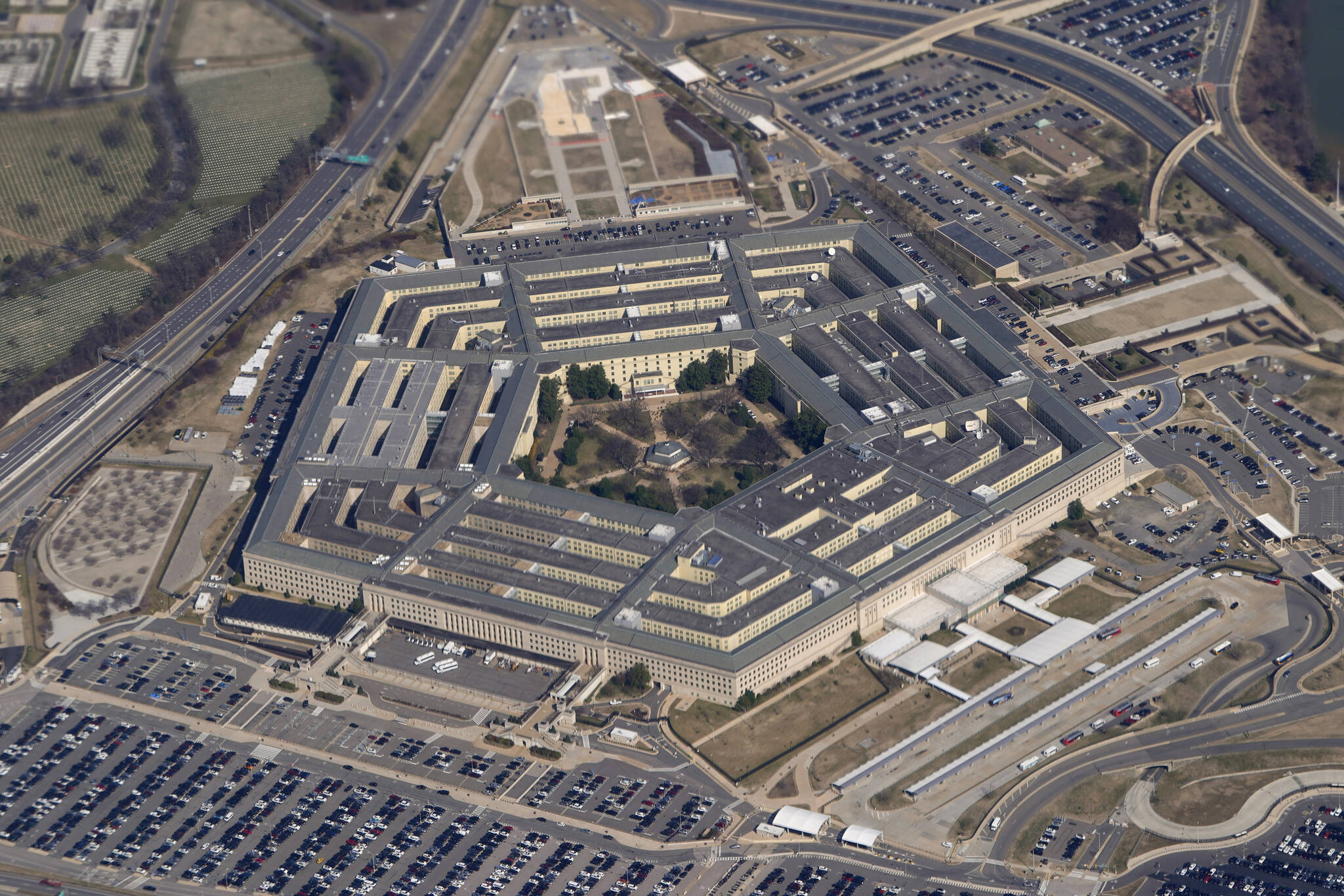 The Pentagon is seen from Air Force One as it flies over Washington, March 2, 2022. U.S. officials say an “unidentified object” has been shot down Sunday for the third time in as many days, this time over Lake Huron, after earlier downings in Alaska and Canada. (AP Photo / Patrick Semansky)