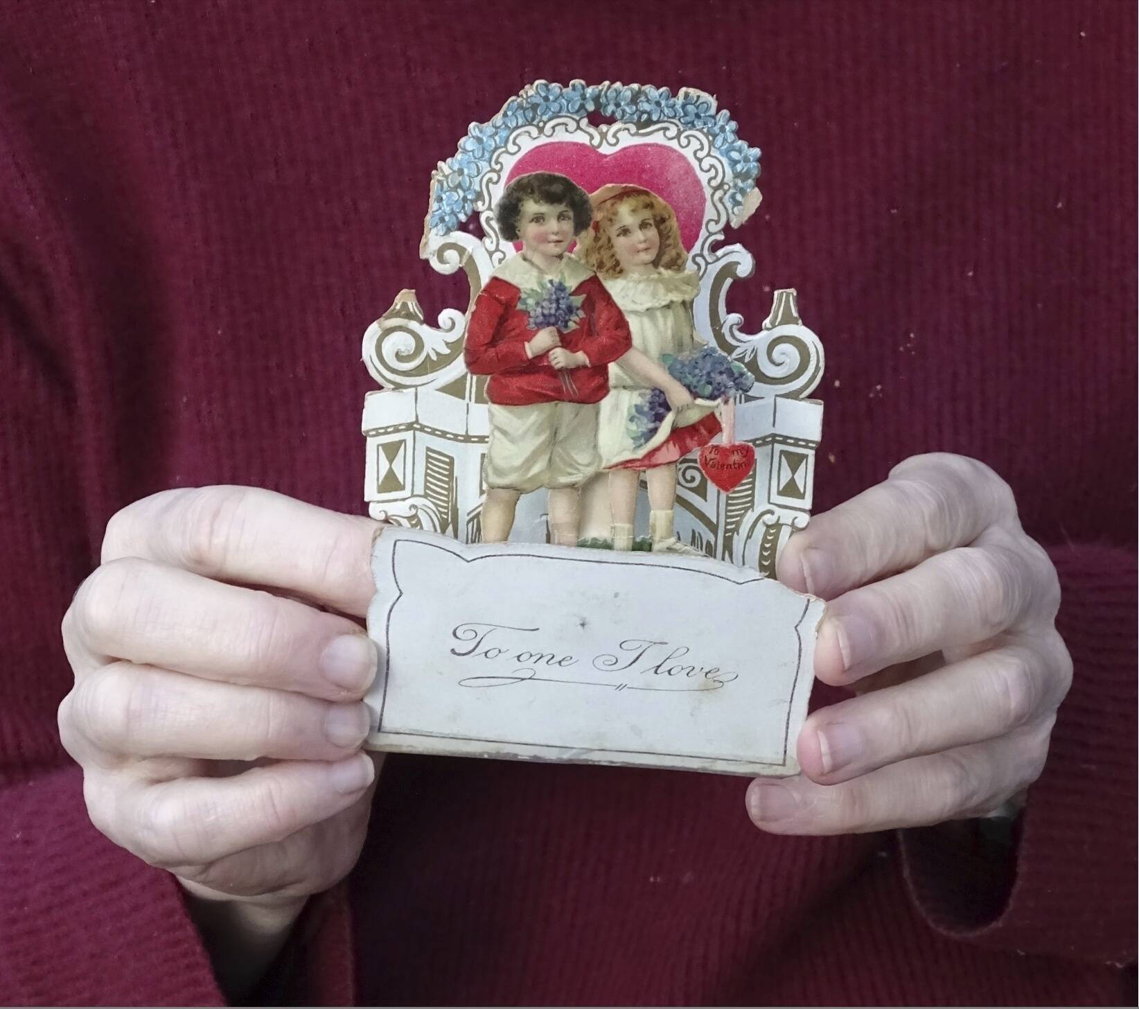 This image shows a Valentines Day card from 1917, given to Louise Wirt by Fred Roth when he was in the fourth grade. The couple married years later and the card remained near Louises bedside until her death at 91. (Nancy Roth via AP)