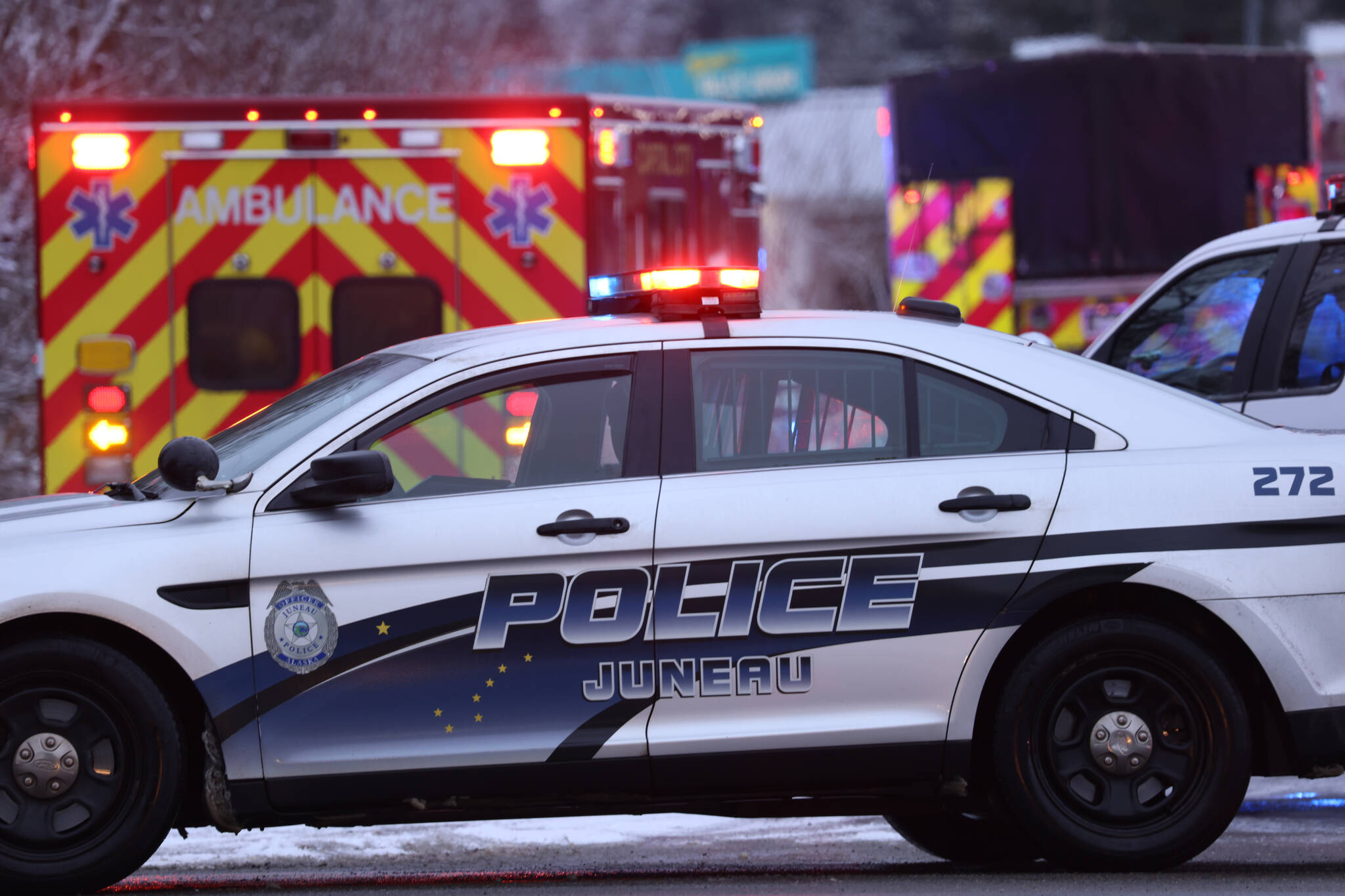 Ben Hohenstatt / Juneau Empire 
Juneau Police Department along with first responders on the scene of an accident Tuesday morning involving three vehicles at the intersection of Mendenhall Loop and Mall Road. No injuries were reported.