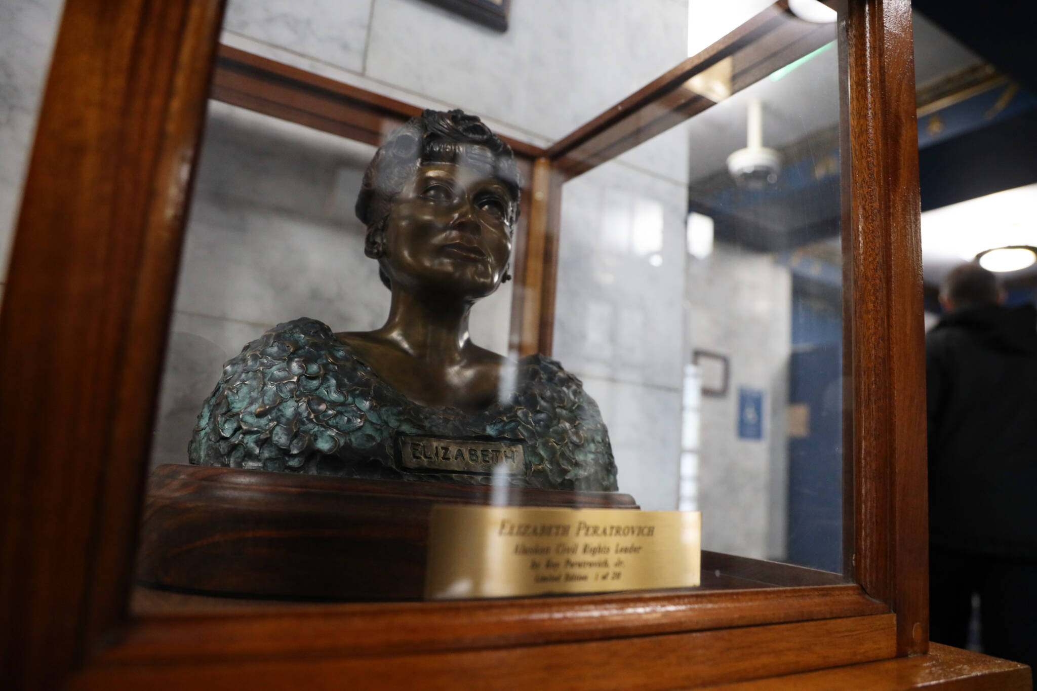 This photo shows the bronze bust of Elizabeth Peratrovich which is featured upon entering the lobby of the Alaska State Capitol. This Thursday, Feb. 16, the state will observes Elizabeth Peratrovich Day to recognize and honor her for her contributions to anti-discrimination in the state. (Clarise Larson / Juneau Empire)