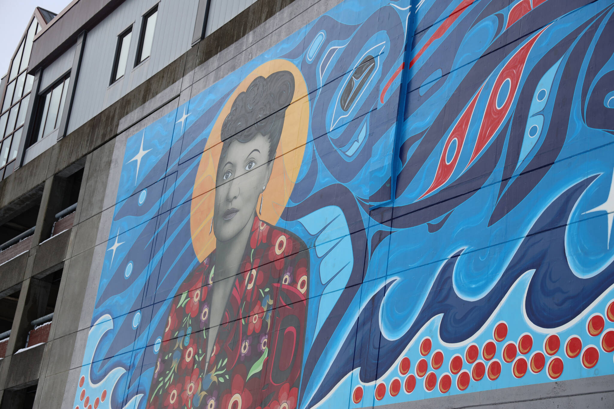 This photo shows the Elizabeth Peratrovich mural at the Downtown Public Library and Marine Parking Garage.. This Thursday, Feb. 16, the state will observes Elizabeth Peratrovich Day to recognize and honor her for her contributions to anti-discrimination in the state. (Clarise Larson / Juneau Empire)
