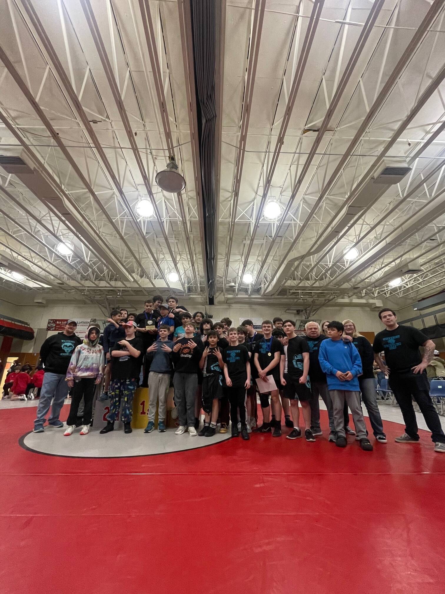 The boys team for Dzantik’i Heeni Wolverines pose for a group photo on Saturday after being crowned team champs at this year’s Southeast Alaska Middle School Regional Wrestling Tournament. (Courtesy Photo / Jason Hass)