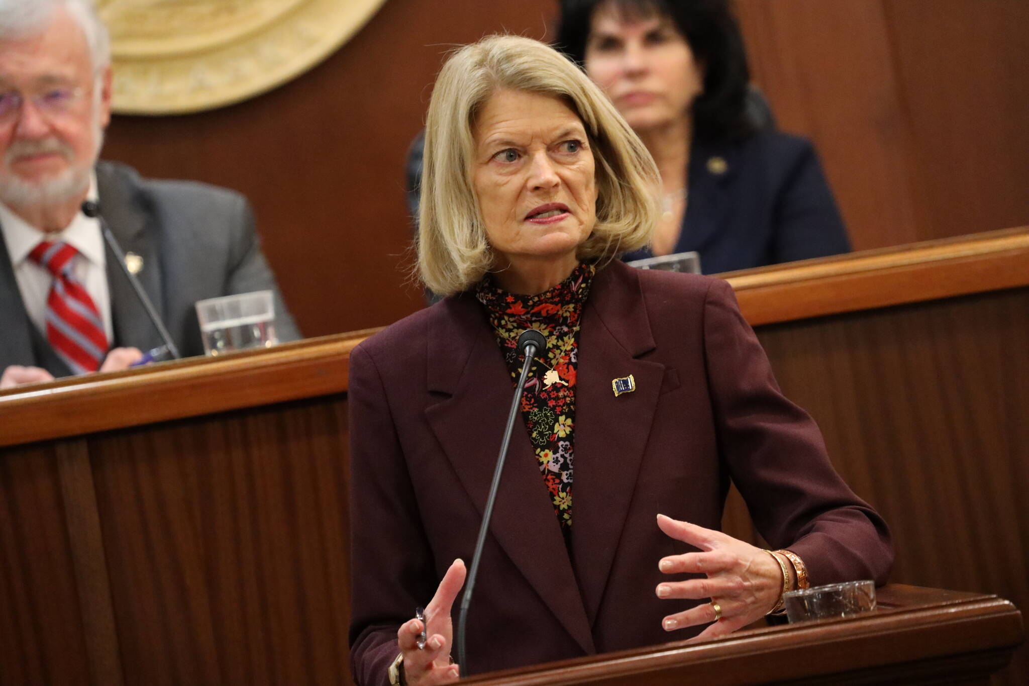 Clarise Larson / Juneau Empire 
U.S. Sen. Lisa Murkowski challenges the Alaska State Legislature to “right the ship” by taking necessary action to secure federal funds for ferries, infrastructure and other needs during her annual speech Wednesday at the Alaska State Capitol.