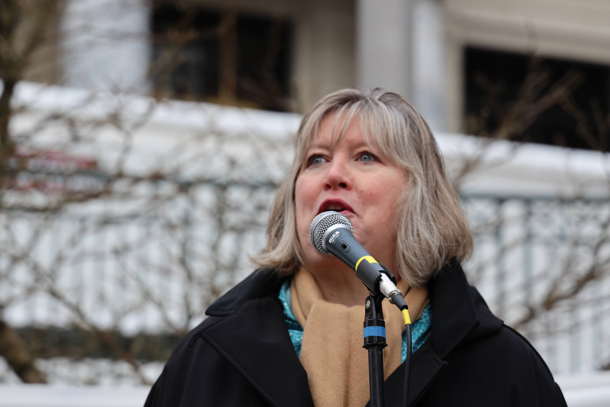 Clarise Larson / Juneau Empire 
Rep. Sara Hannan, D-Juneau addresses a crowd during a recent rally outside the Alaska State Capitol. Hannan is the sponsor of a bill that would ban licensed practitioners from performing “conversion therapy” in the state.