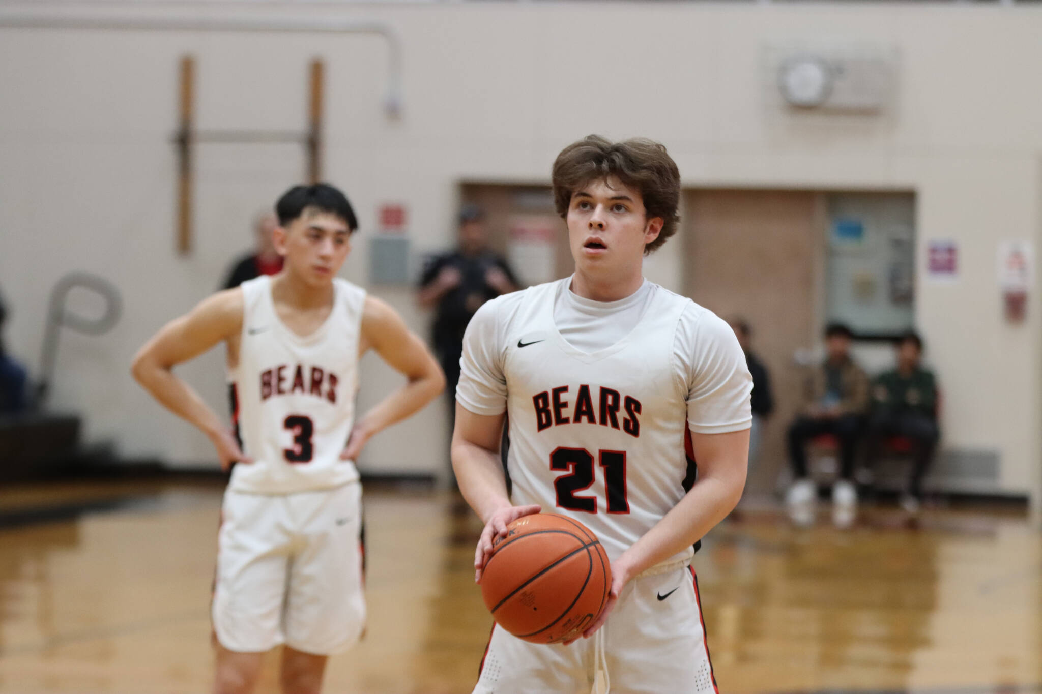 JDHS senior Caden Mesdag, seen taking a free throw shot against Ketchikan on Feb. 11, scored a total of 8-points in Friday’s game against Palmer High School. (Jonson Kuhn / Juneau Empire file)