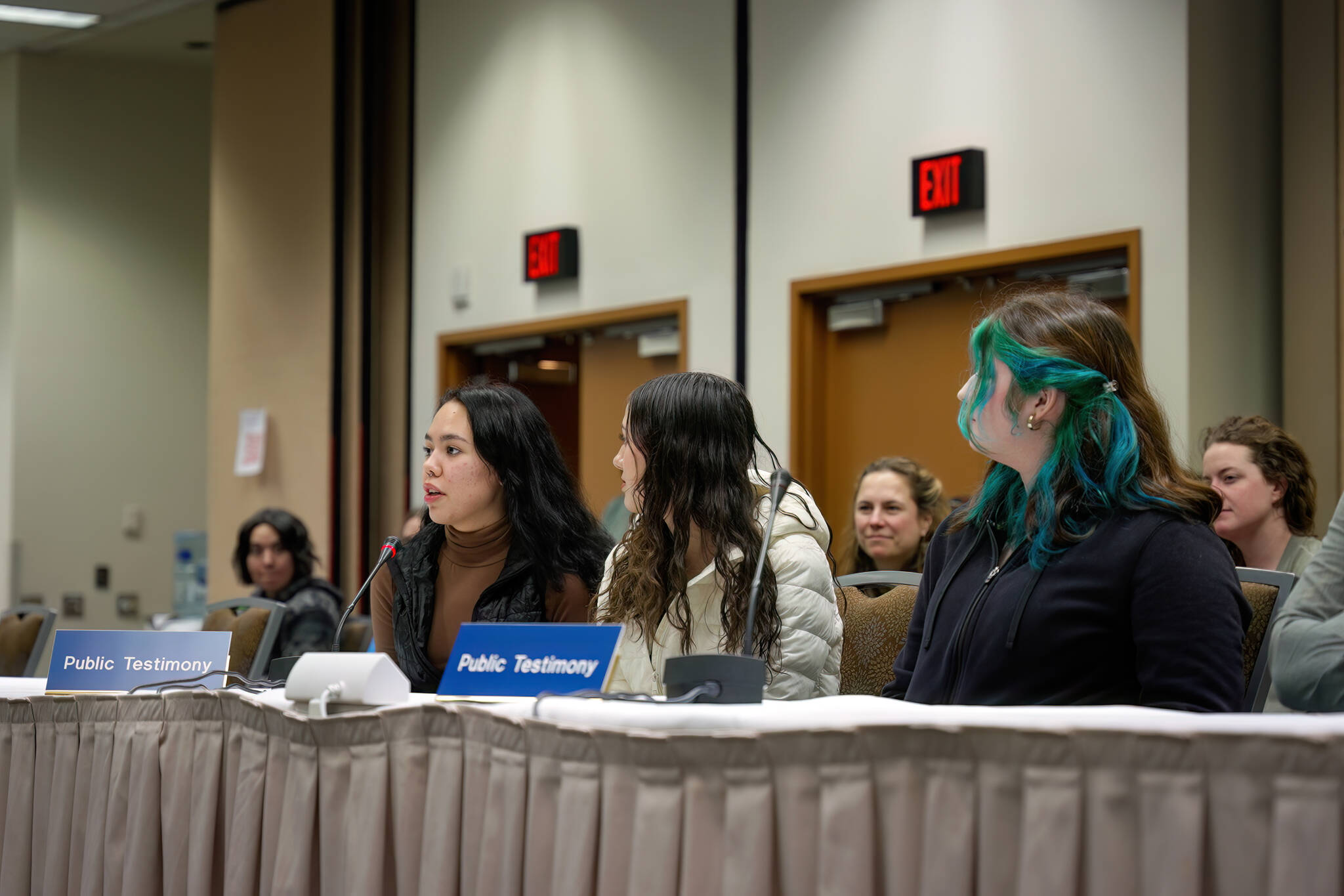 Abigail Stevenson (left) of Hoonah introduces herself to the Federal Subsistence Board alongside her classmates Rosanna and Emily. The students were able to participate in the UAS course remotely with support and collaboration from the Hoonah Indian Association. (Lee House / Sitka Conservation Society)