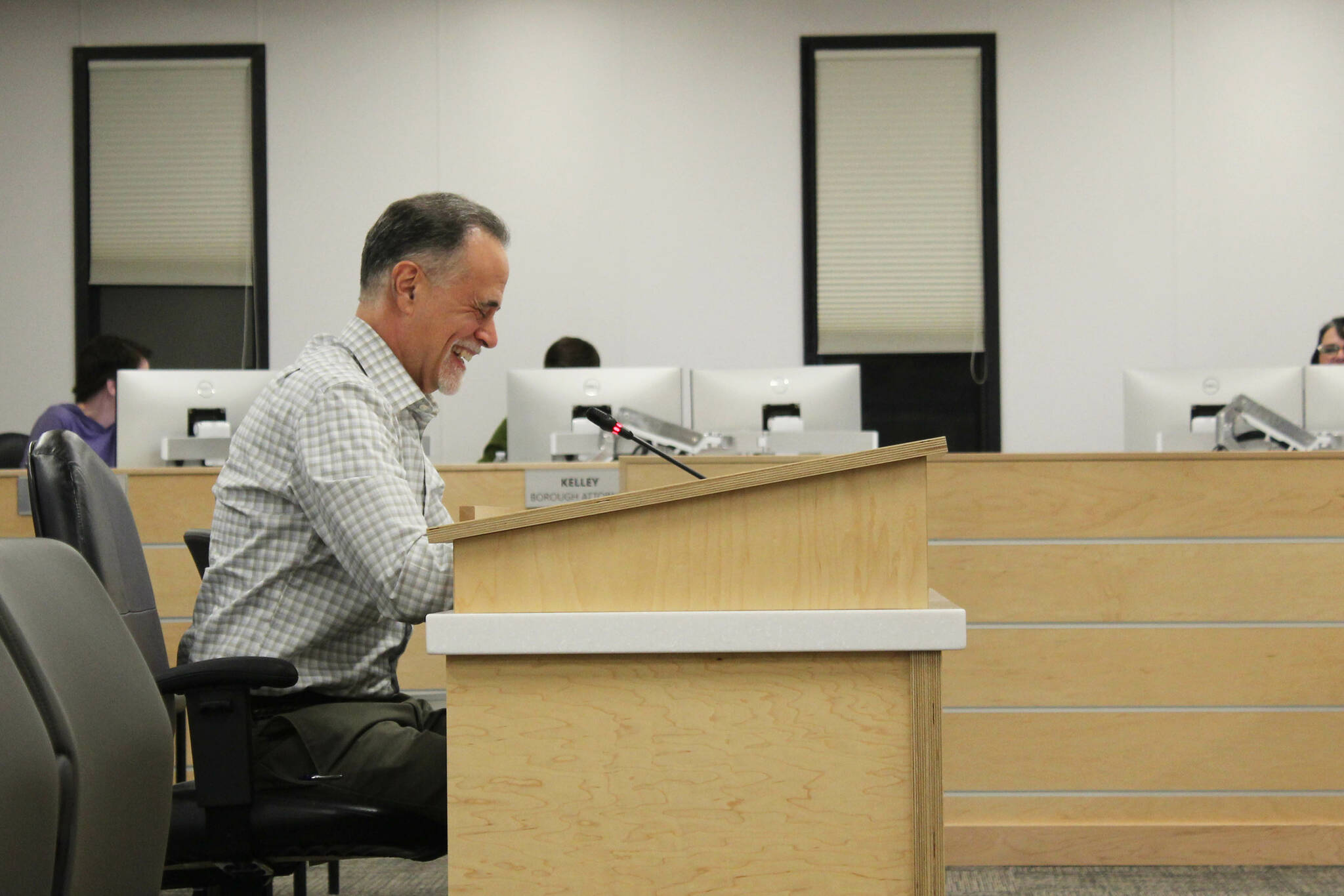 Kenai Peninsula Borough Mayor-elect Peter Micciche testifies before the Kenai Peninsula Borough Assembly during a meeting on Tuesday, Feb. 21, 2022 in Soldotna, Alaska. (Ashlyn O'Hara/Peninsula Clarion)