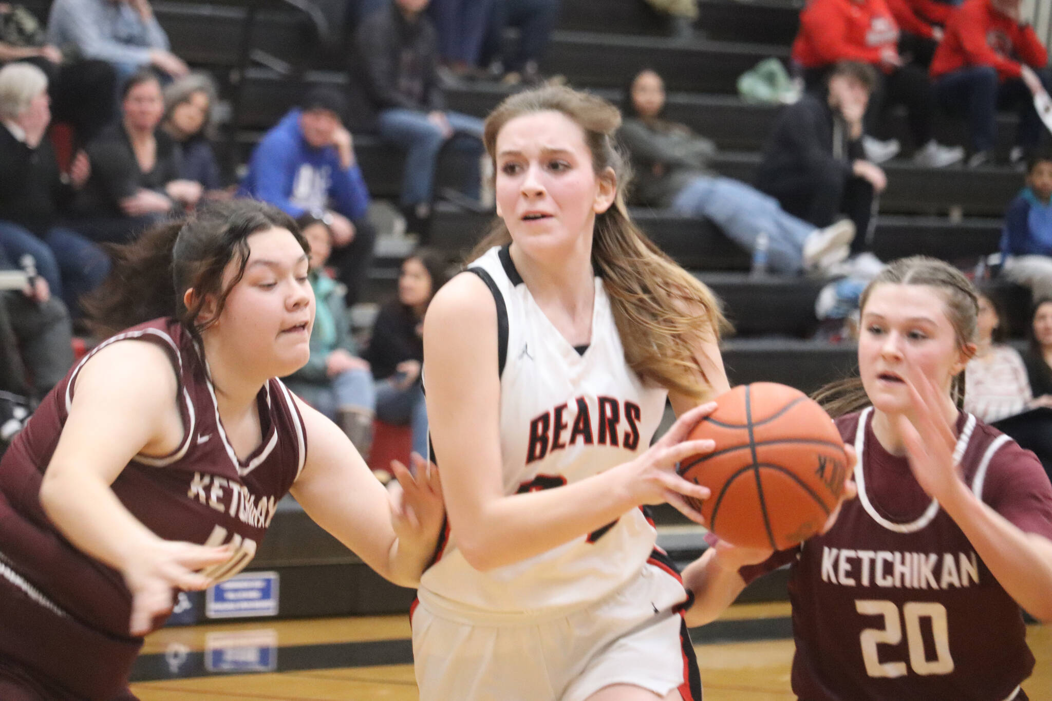JDHS junior Mila Hargrave drives to the basket against Ketchikan on Saturday to help secure the win for the Bears, 43-29. Hargrave would lead in scores on Saturday with a total of 13 points. (Jonson Kuhn / Juneau Empire)