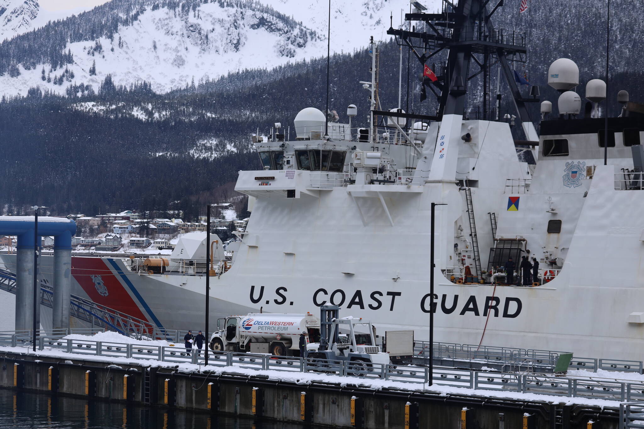 Coast Guard Cutter Munro docks in Juneau for a scheduled port visit Monday. The port visit marks Munro’s final stop before returning to its homeport in Alameda, California after 11,500 miles and 105 days away from homeport. (Clarise Larson / Juneau Empire)