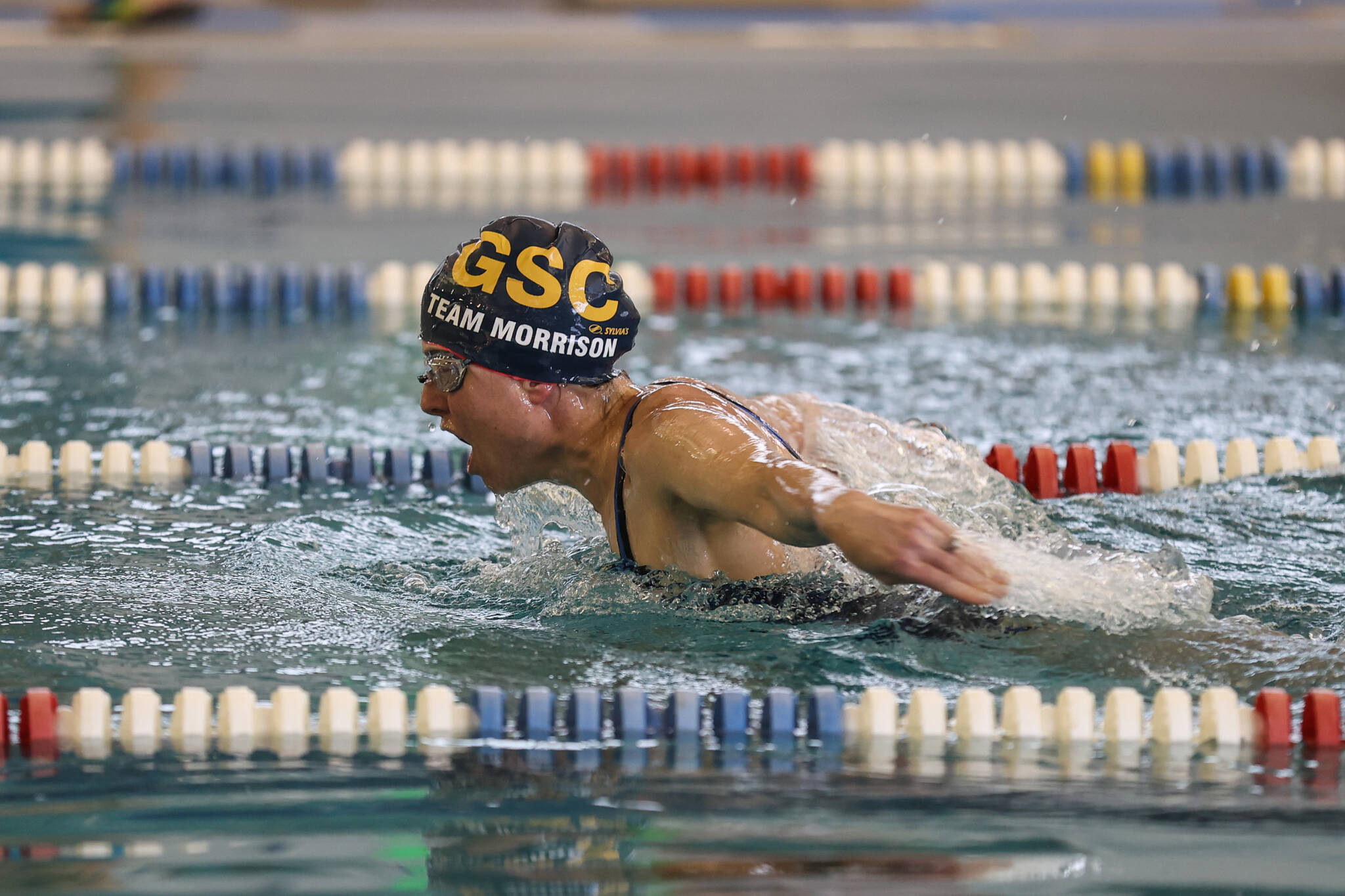 Tracy Morrison with the Glacier Swim Club competes over the weekend for the USMS state masters at the Dimond Park Aquatic Center . (Courtesy Photo / Philip Loseby)