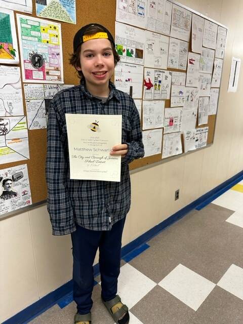 Matthew Schwarting, a Montessori Borealis Public School seventh grader, recently won the Juneau School District’s spelling bee. (Courtesy Photo)