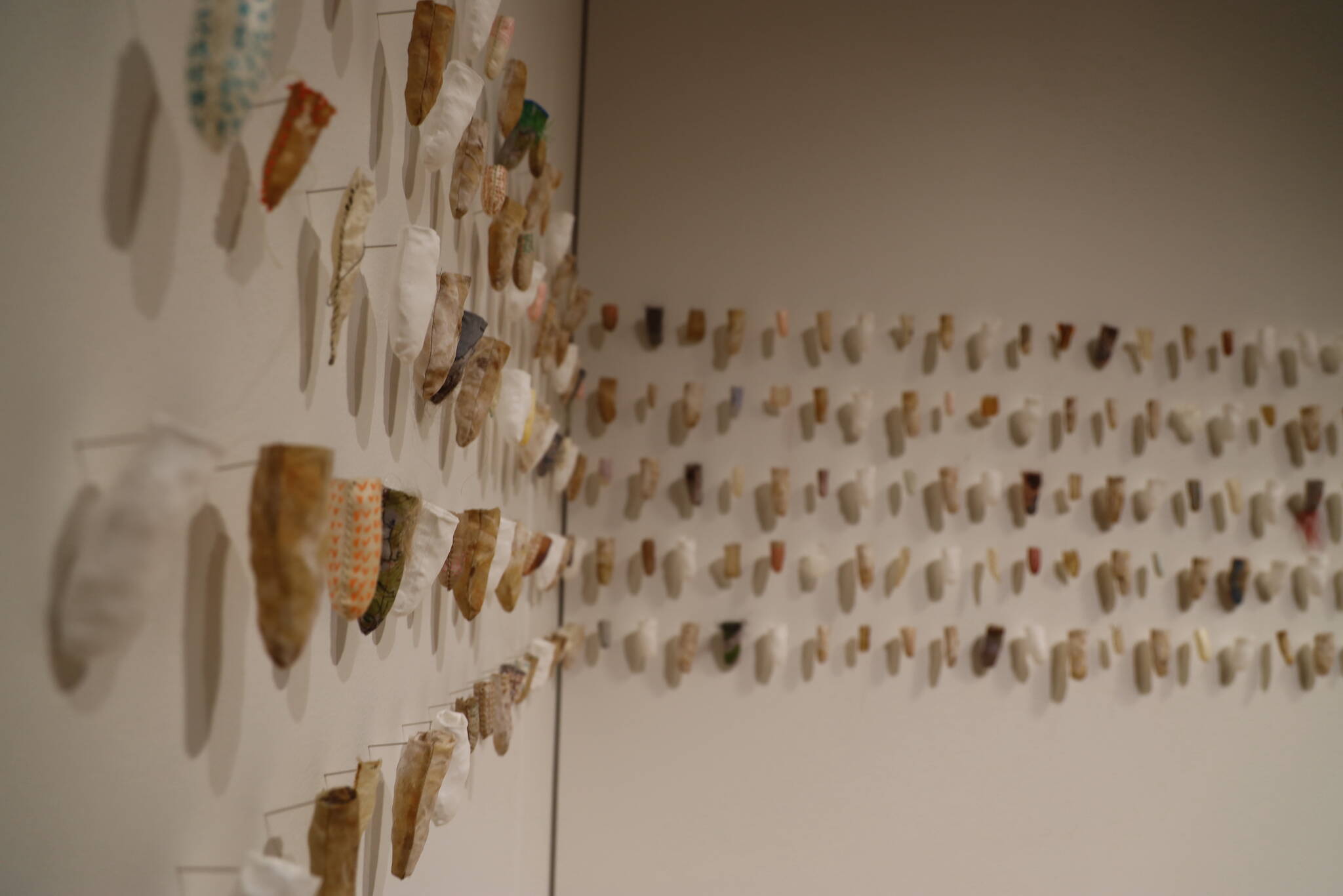 The series “Credible, Small Secrets” features materials including walrus stomach, reindeer and sheep rawhide and human hair to examine the trauma of abuse. The series is a part of the new exhibition “Visceral: Verity” on display at the Alaska State Museum. (Clarise Larson / Juneau Empire)