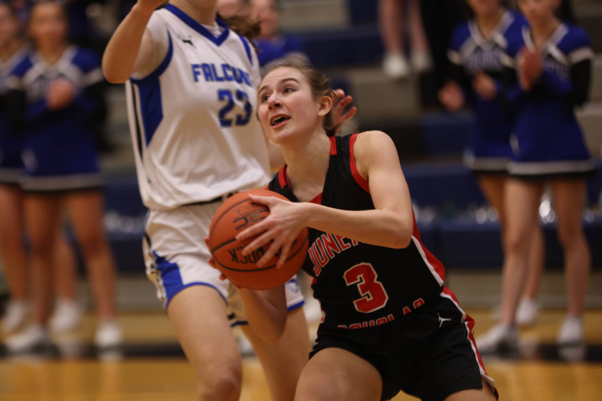 JDHS senior Carlynn Casperson takes a shot against TMHS during a conference game earlier this season. The Lady Falcons are the number one seed in conference for this year’s Region V tournament. (Ben Hohenstatt / Juneau Empire)