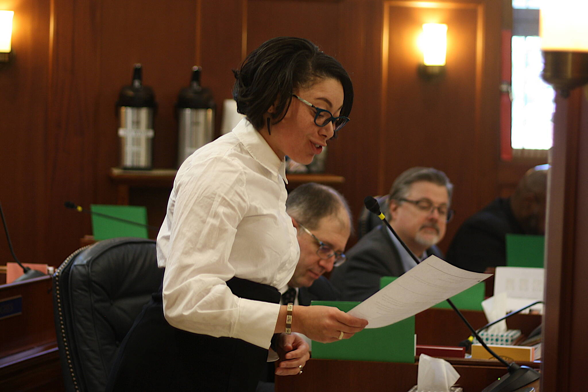 State Sen. Löki Tobin, D-Anchorage, reads an announcement during the Senate floor session Wednesday. Tobin, who chairs the Senate Education Committee, emerged as a potential road block to Gov. Mike Dunleavy’s “parental rights” bill by declaring it would not get a hearing if referred to her committee. The bill was subsequently referred to two other committees, with Senate President Gary Stevens, R-Kodiak, stating it will get a public hearing. (Mark Sabbatini / Juneau Empire)