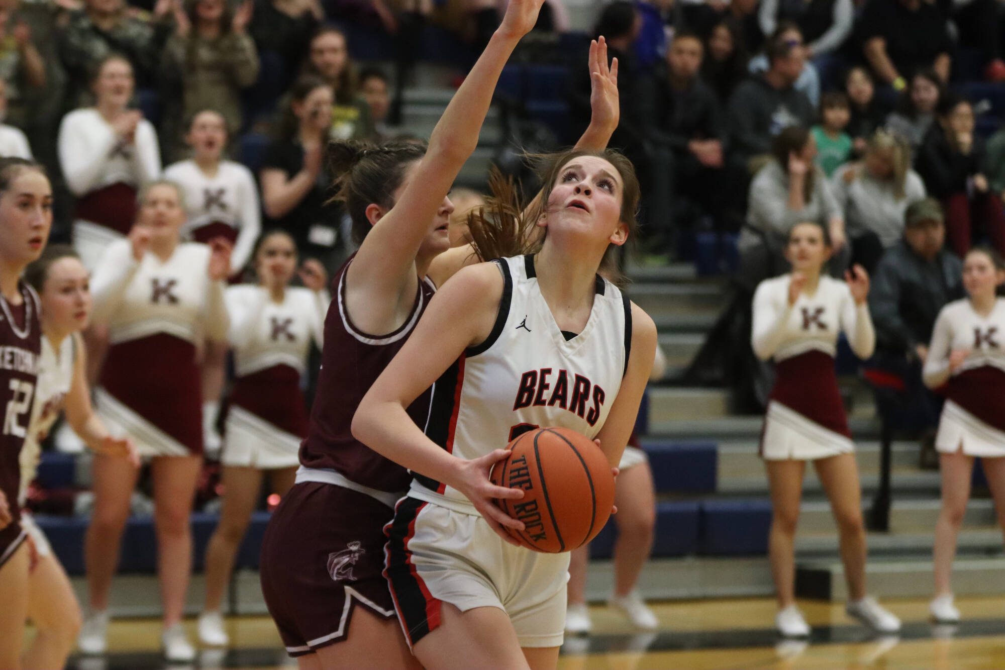 Jonson Kuhn / Juneau Empire 
JDHS junior Mila Hargrave sets her eyes on the basket during the first 4A girls game of the Region V 2A/4A Tournament at Thunder Mountain High School. The Crimson Bears prevailed 26-24 to start off regions.