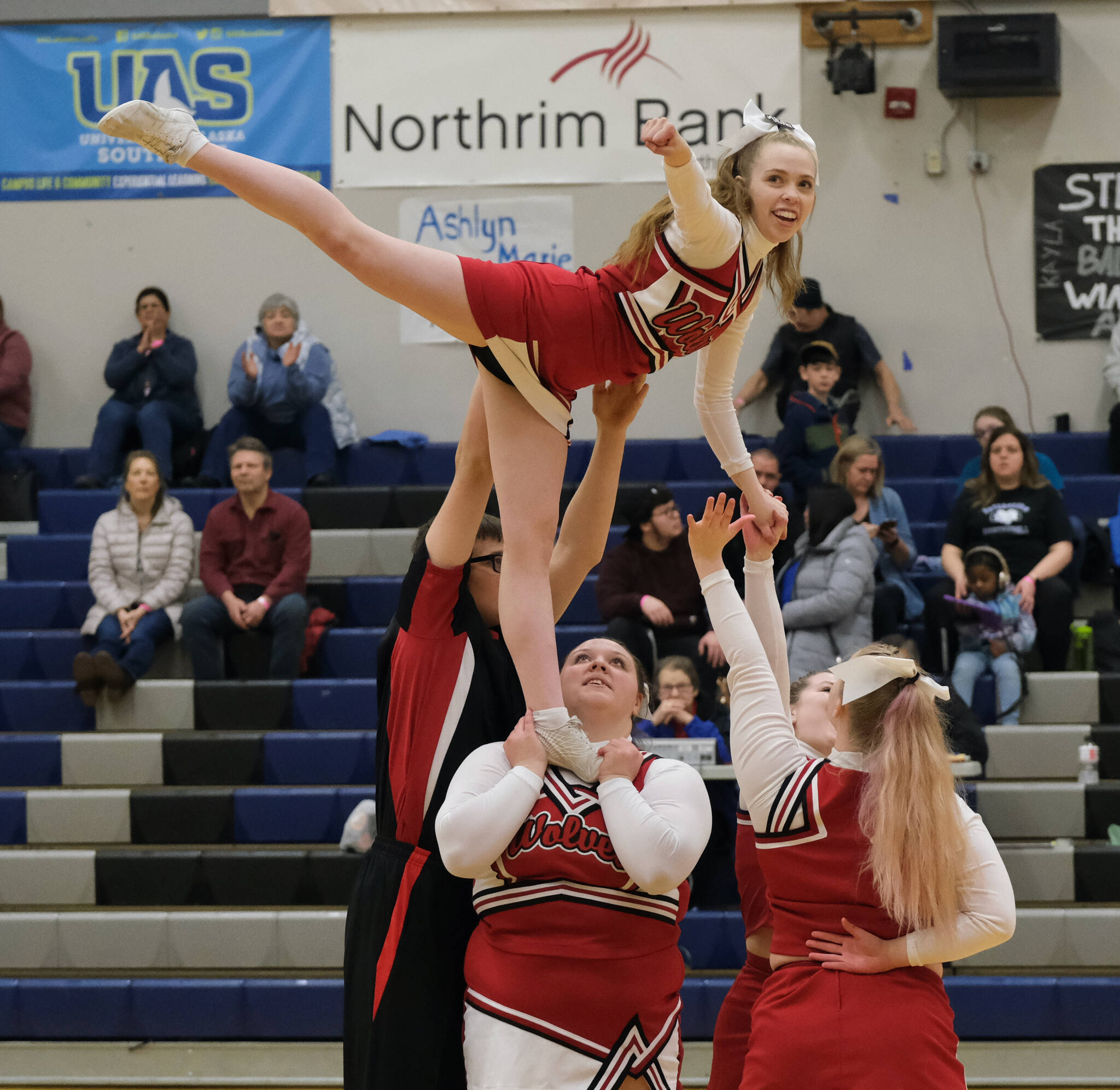 Members of the Wrangell cheer team perform Wednesday at the Region V tournament. (Klas Stolpe / For the Juneau Empire)