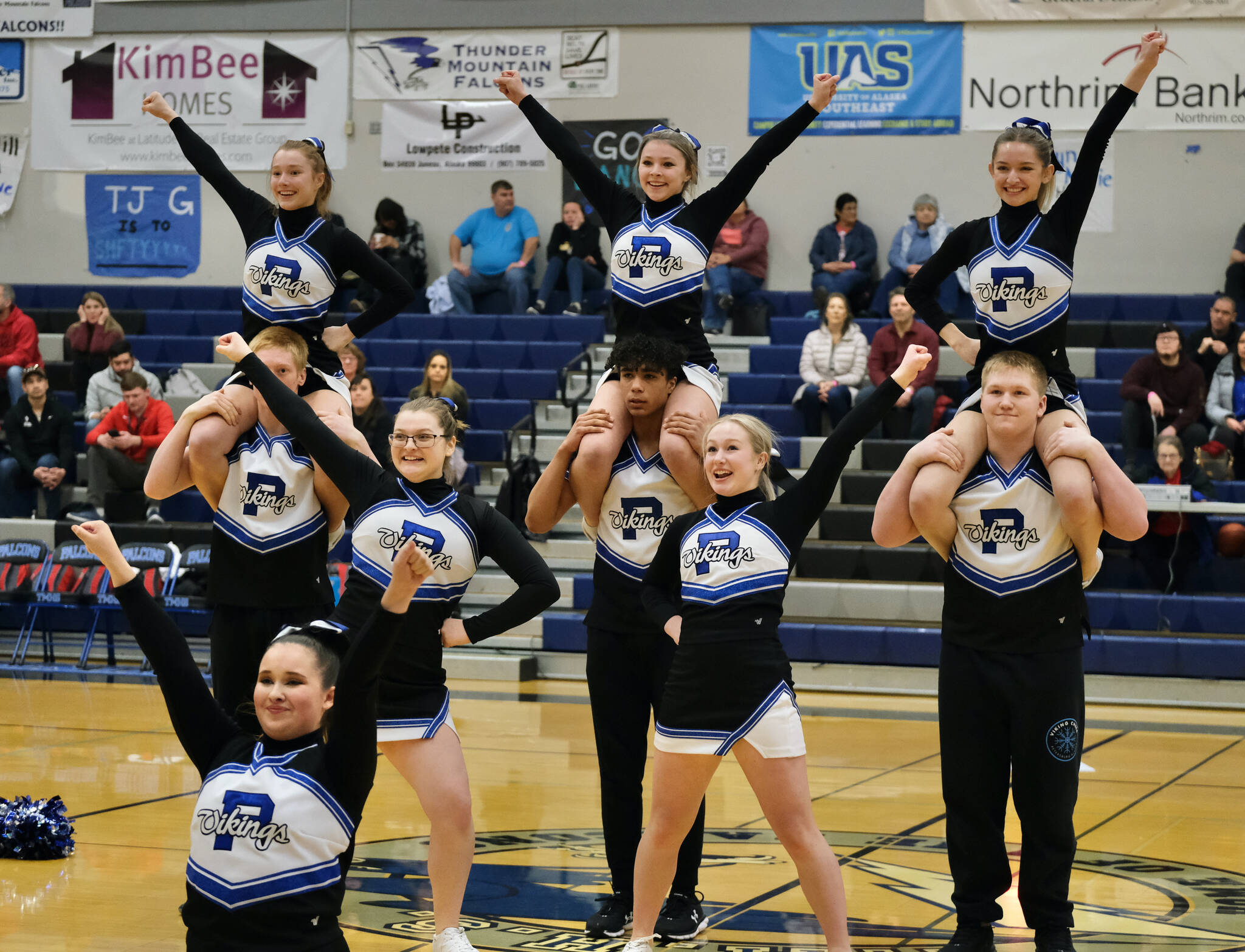 Members of the Petersburg Cheer team perform Wednesday at the Region V tournament. (Klas Stolpe / For the Juneau Empire)