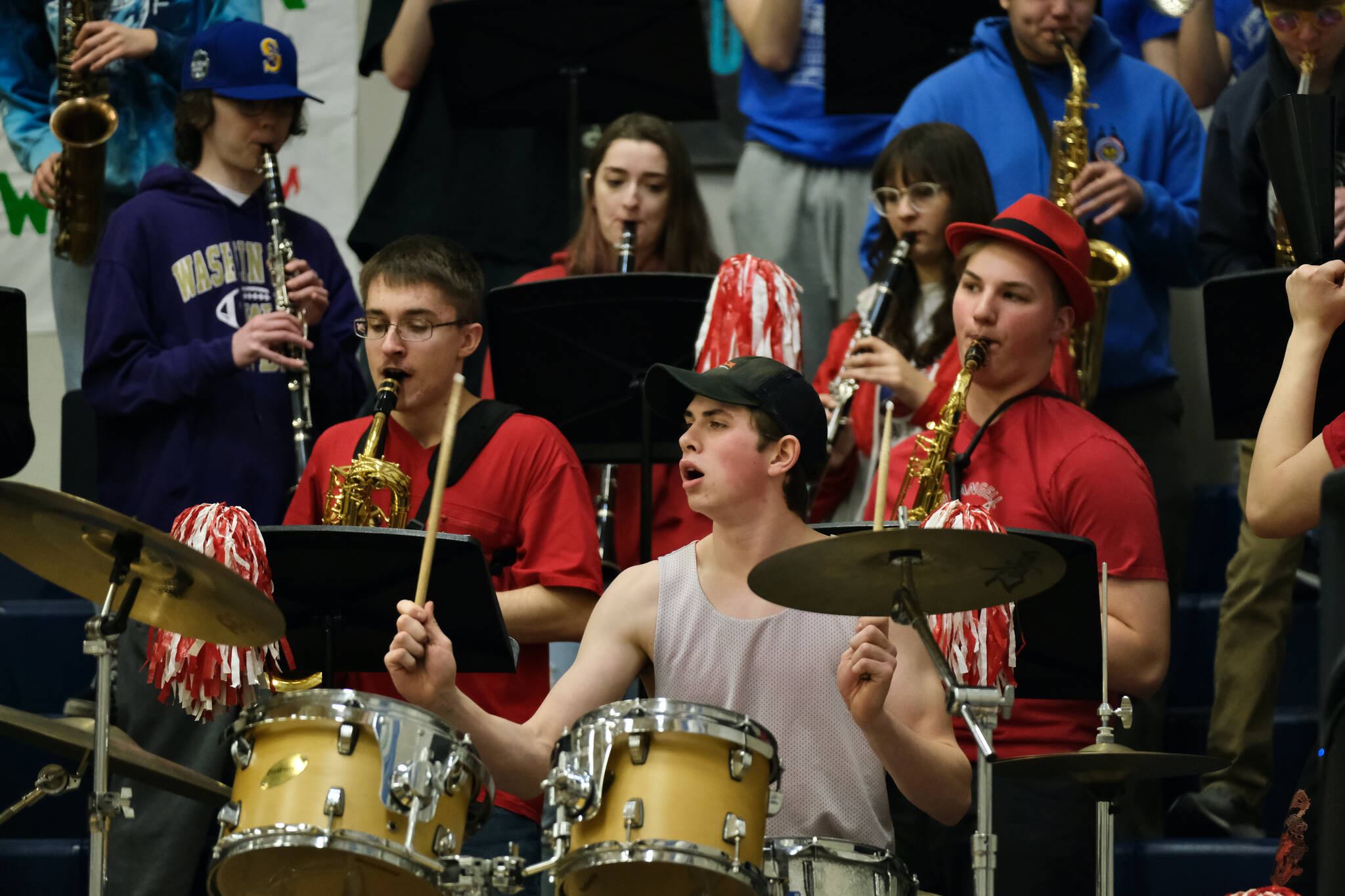The Wrangell Pep Band plays at the Region V tournament on Wednesday. (Klas Stolpe / For the Juneau Empire)