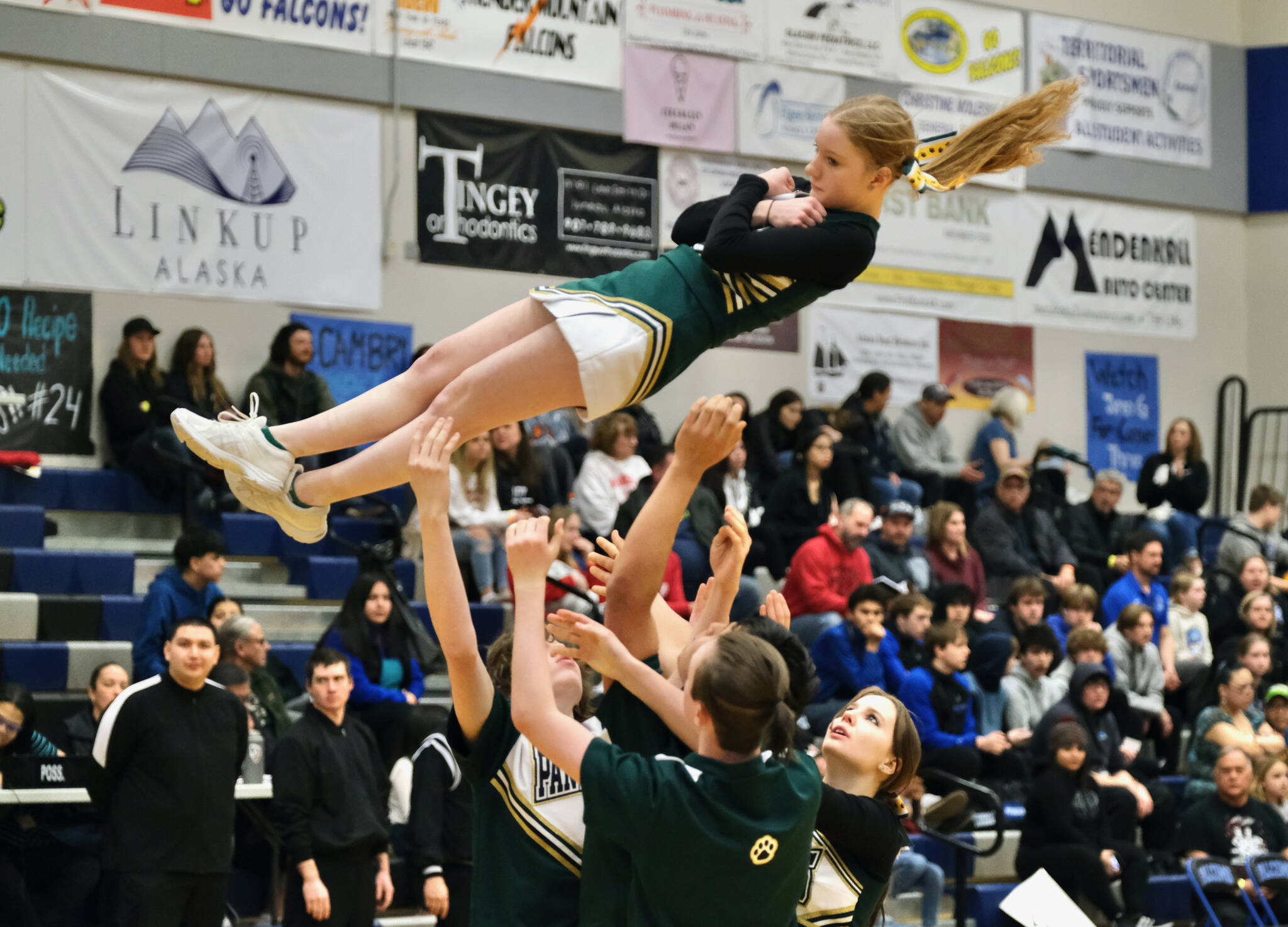 Craig cheerleaders perform during the Region V tournament on Wednesday. (Klas Stolpe / For the Juneau Empire)