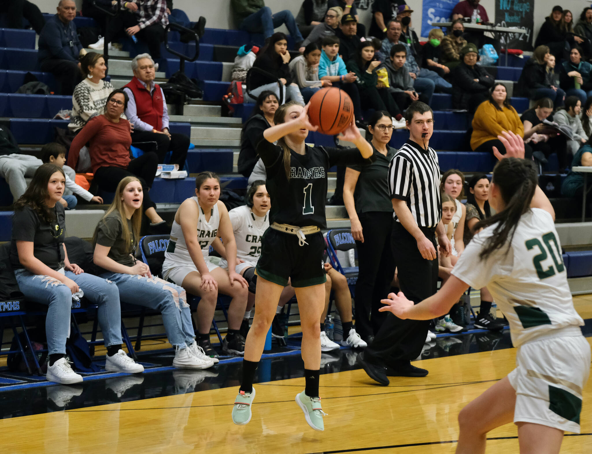 Haines’ MacKenzy Dryden shoots from the arch against Craig during the Region V tournament on Wednesday. (Klas Stolpe / For the Juneau Empire)