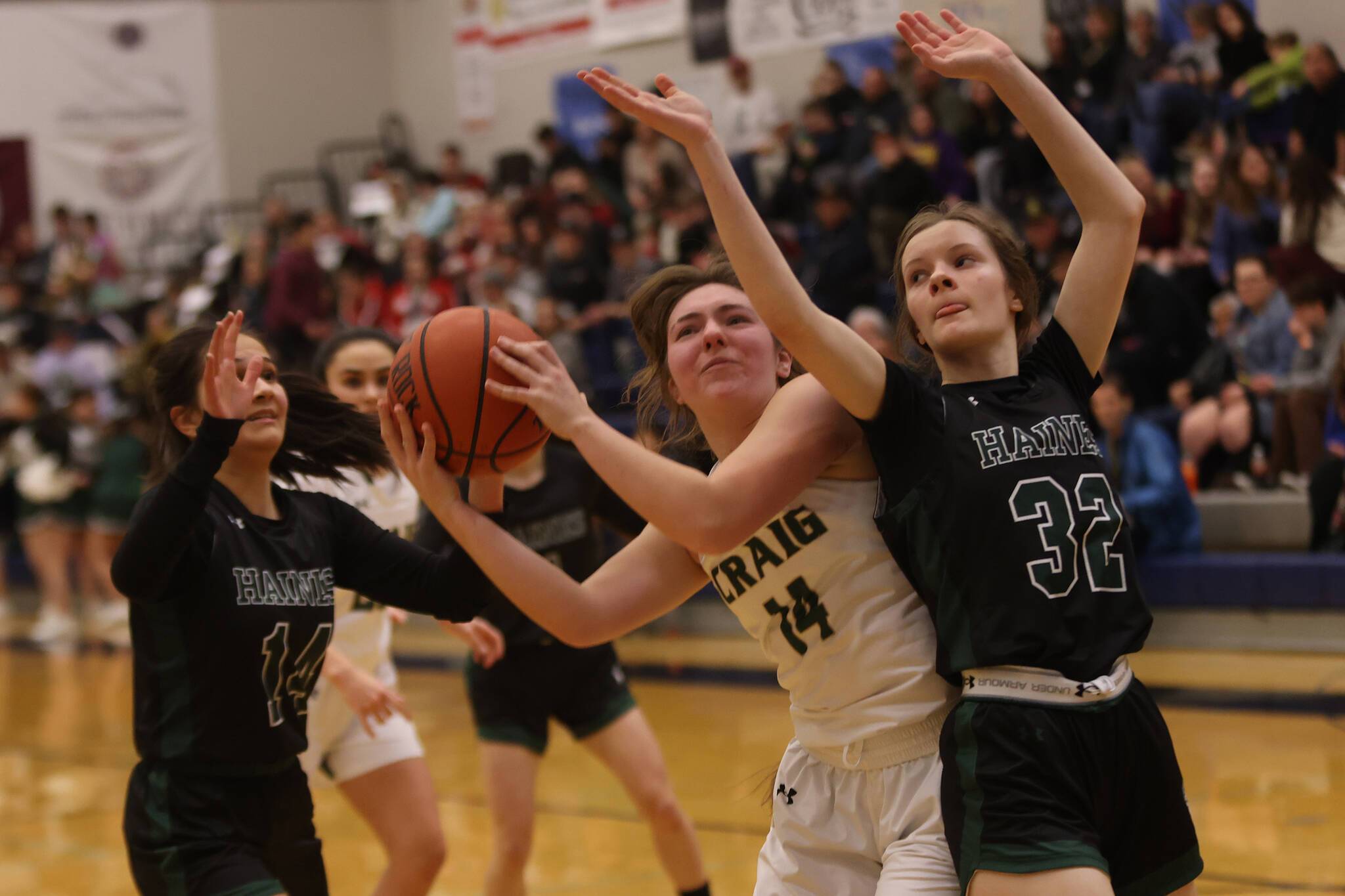 Craig senior Alissa Durgan (14) wills her way to the hoop while defended by Haines sophomore Ashlyn Ganey (32) and Haines senior Alison Benda (14) in the second half of a Craig win in the first round of the Region V 2A Tournament. (Ben Hohenstatt / Juneau Empire)