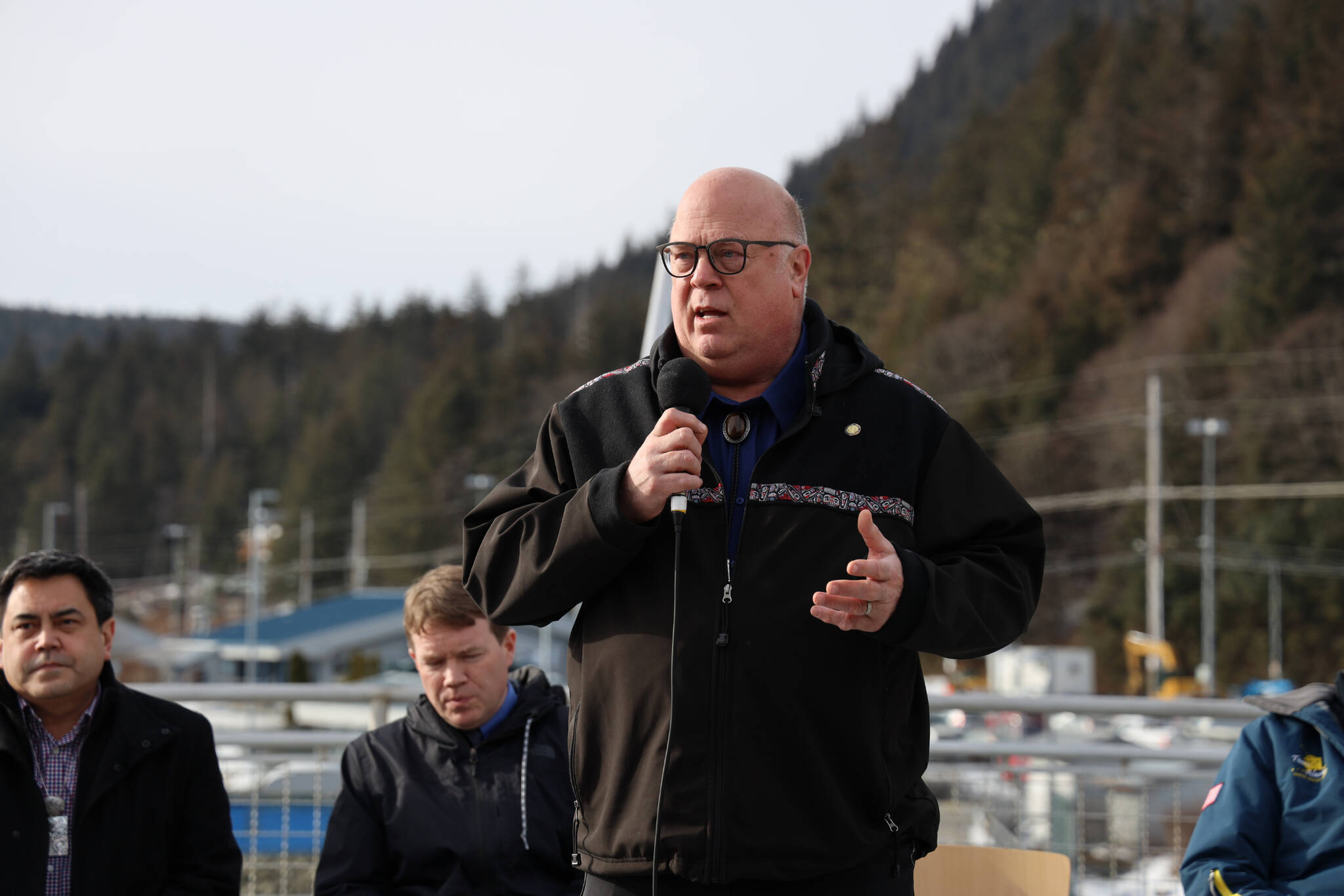 Rep. Kevin McCabe, a Big Lake Republican, speaks Thursday afternoon in support of an agreement between the Alaska Department of Transportation and Public Facilities and Goldbelt Inc. to pursue engineering and design services to determine whether it’s feasible to build a new ferry terminal facility in Juneau at Cascade Point. (Clarise Larson / Juneau Empire)
