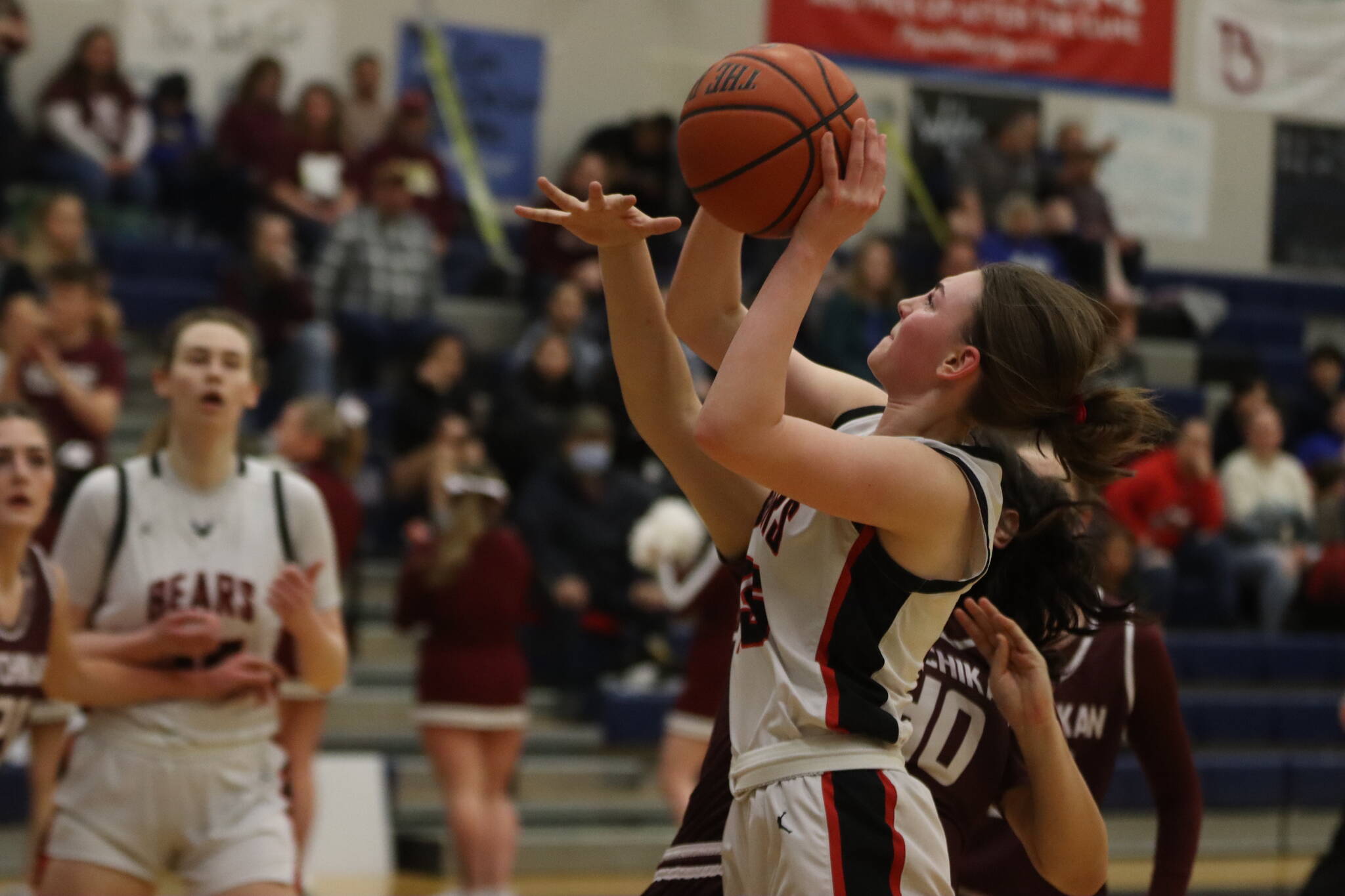 Jonson Kuhn / Juneau Empire 
JDHS freshman Gwen Nizich puts the ball up for a layup against Ketchikan High School on Friday during the two team’s final matchup in the 4A Region V Tournament. Nizich finished the game with a total of 6 points.