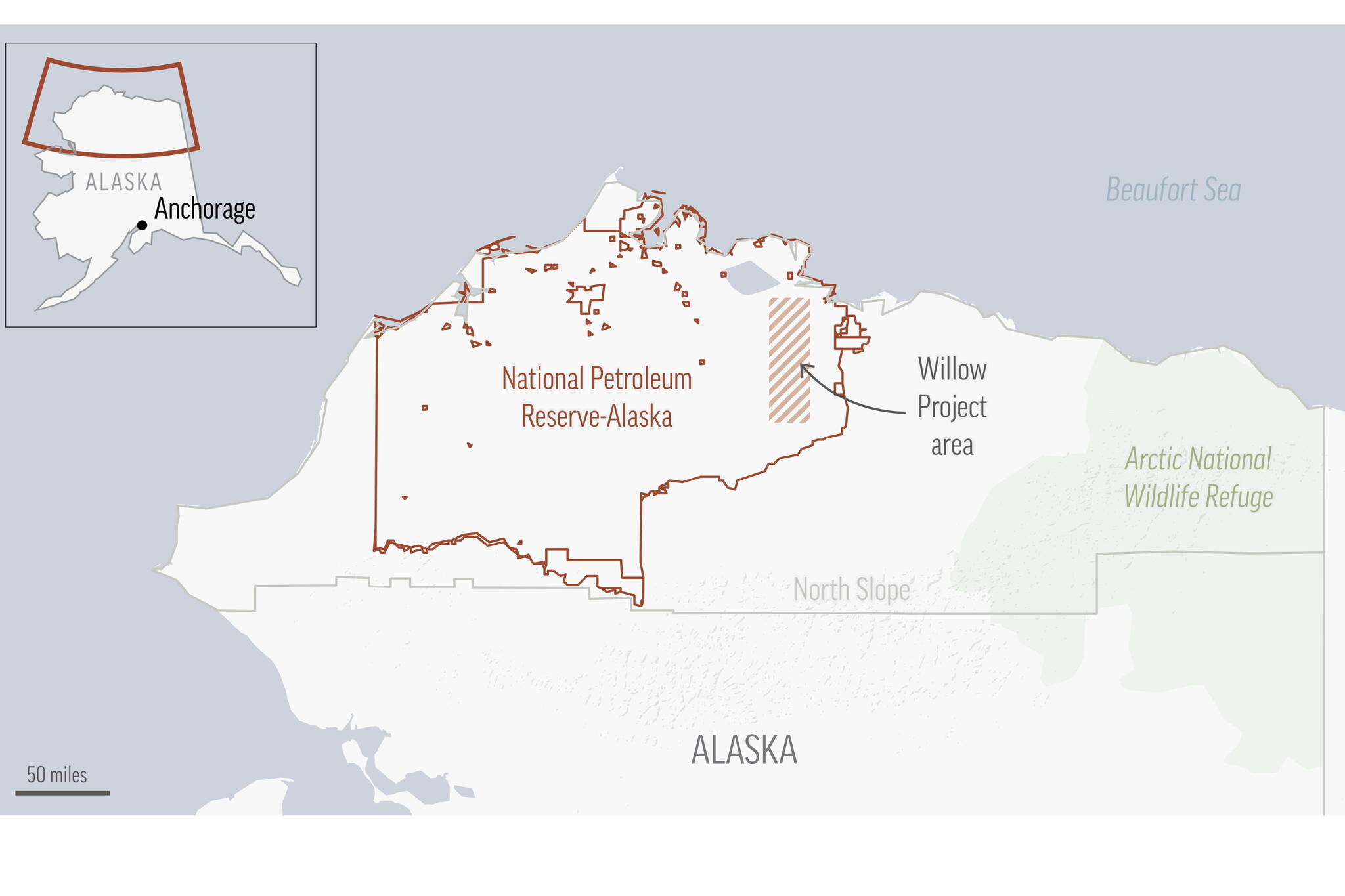 The Associated Press 
A map shows the location of the Willow oil field project in the National Petroleum Reserve-Alaska, where more than 200 drills are scheduled to be drilled during a 30-year period if approved.