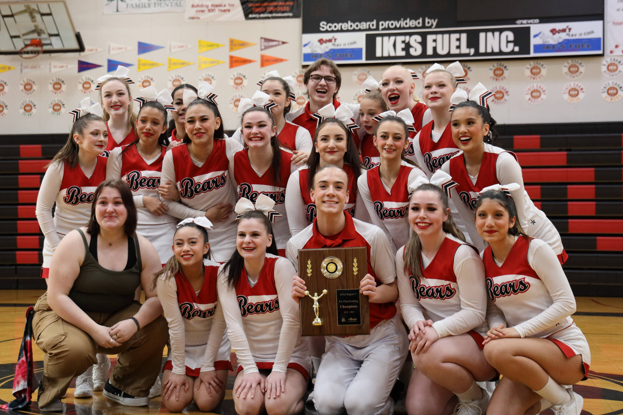 JDHS cheer poses for a picture after taking home the 4A division championship title during the annual Region V 2A/4A dance adjudication competition hosted at Juneau-Douglas High School:Yadaa.at Kalé Saturday afternoon. (Clarise Larson / Juneau Empire)