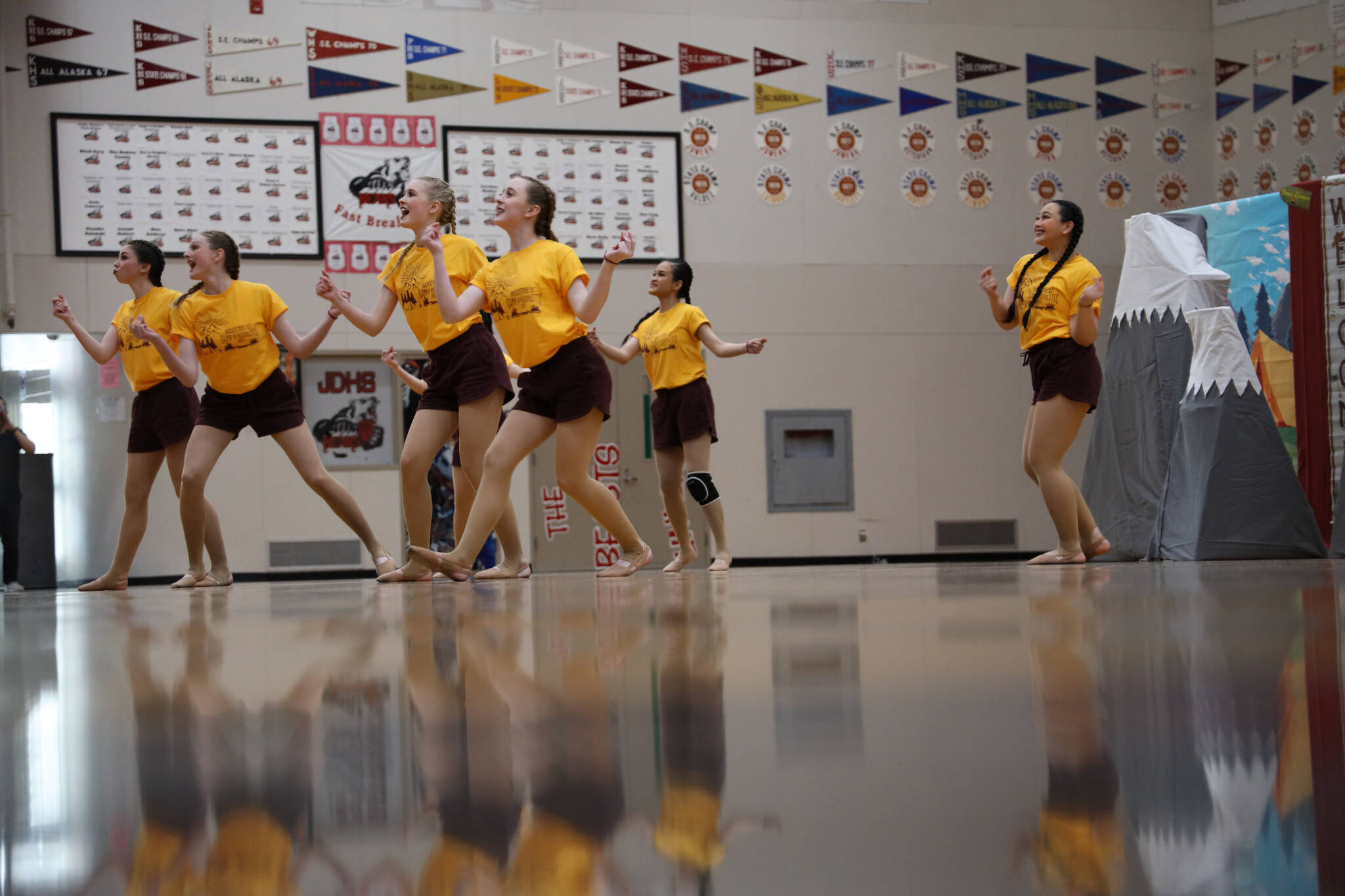 Ketchikan High School dance team members snap their fingers to the beat during the annual Region V 2A/4A dance adjudication competition hosted at Juneau-Douglas High School:Yadaa.at Kalé. (Clarise Larson / Juneau Empire)