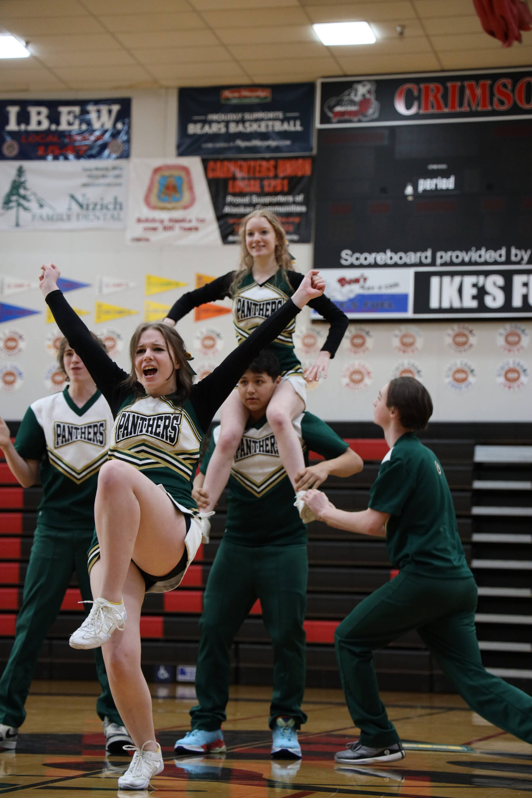 The small but mighty Craig High School cheer team brings the energy during the annual Region V 2A/4A dance adjudication competition hosted at Juneau-Douglas High School:Yadaa.at Kalé Saturday afternoon. (Clarise Larson / Juneau Empire)