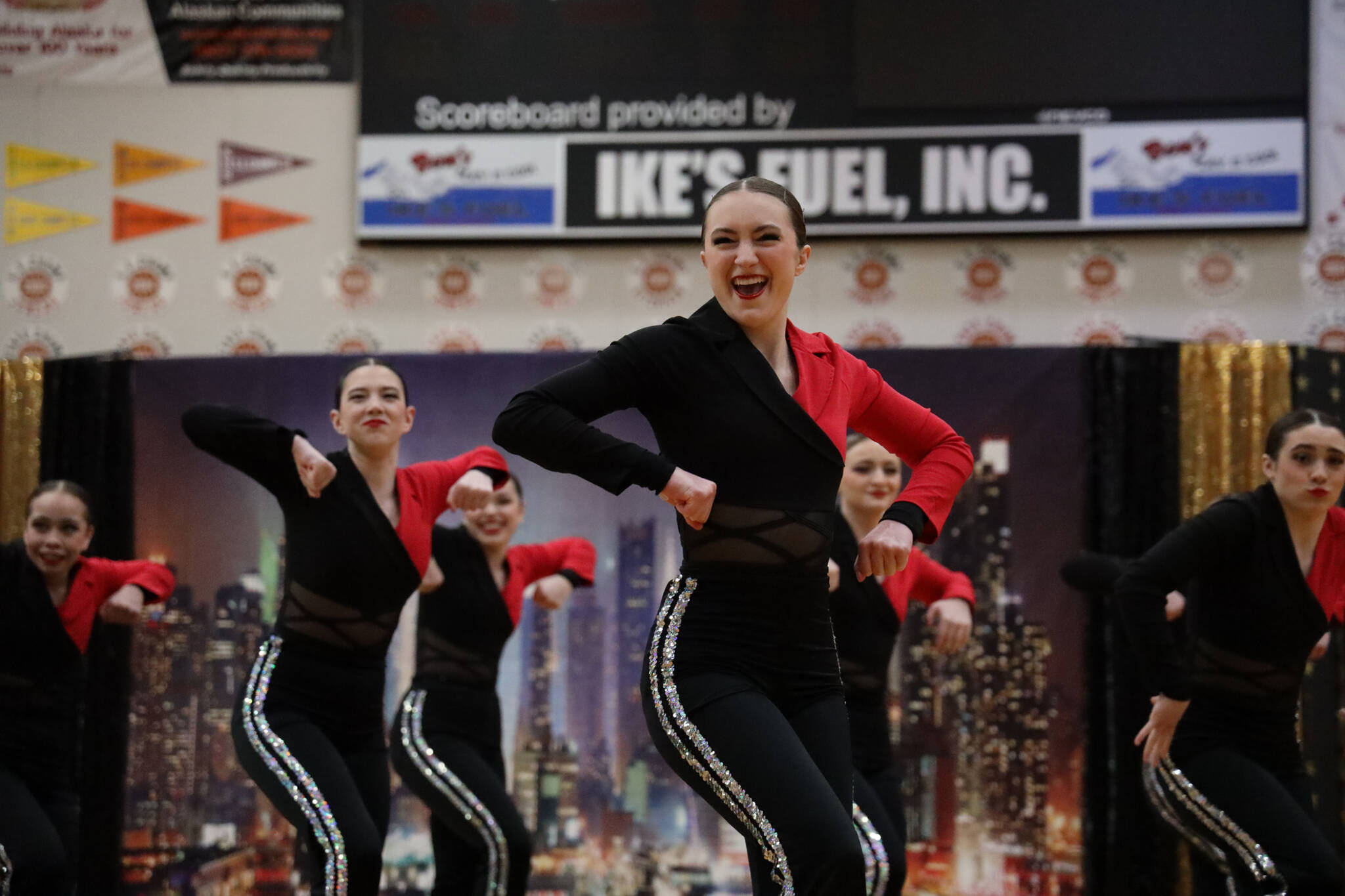 JDHS dance team member’s give it their all during their Hollywood themed performance during the annual Region V 2A/4A dance adjudication competition hosted at Juneau-Douglas High School:Yadaa.at Kalé Saturday afternoon. (Clarise Larson / Juneau Empire)