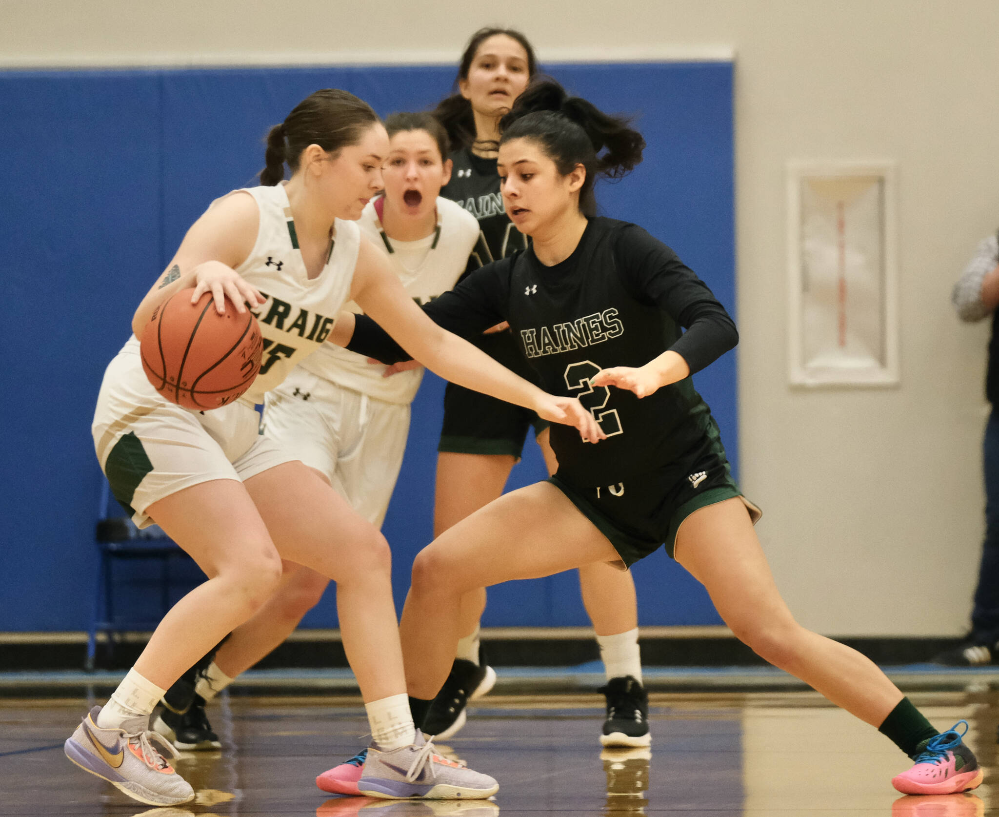 Haines senior Grace Long Godinez (2) defends Craig senior Alissa Durgan (15) during the Lady Glacier Bears 45-35 win over the Lady Panthers in the 2A Region V Runner Up game on Saturday at Juneau’s Thunder Mountain High School. (Klas Stolpe / For the Juneau Empire)