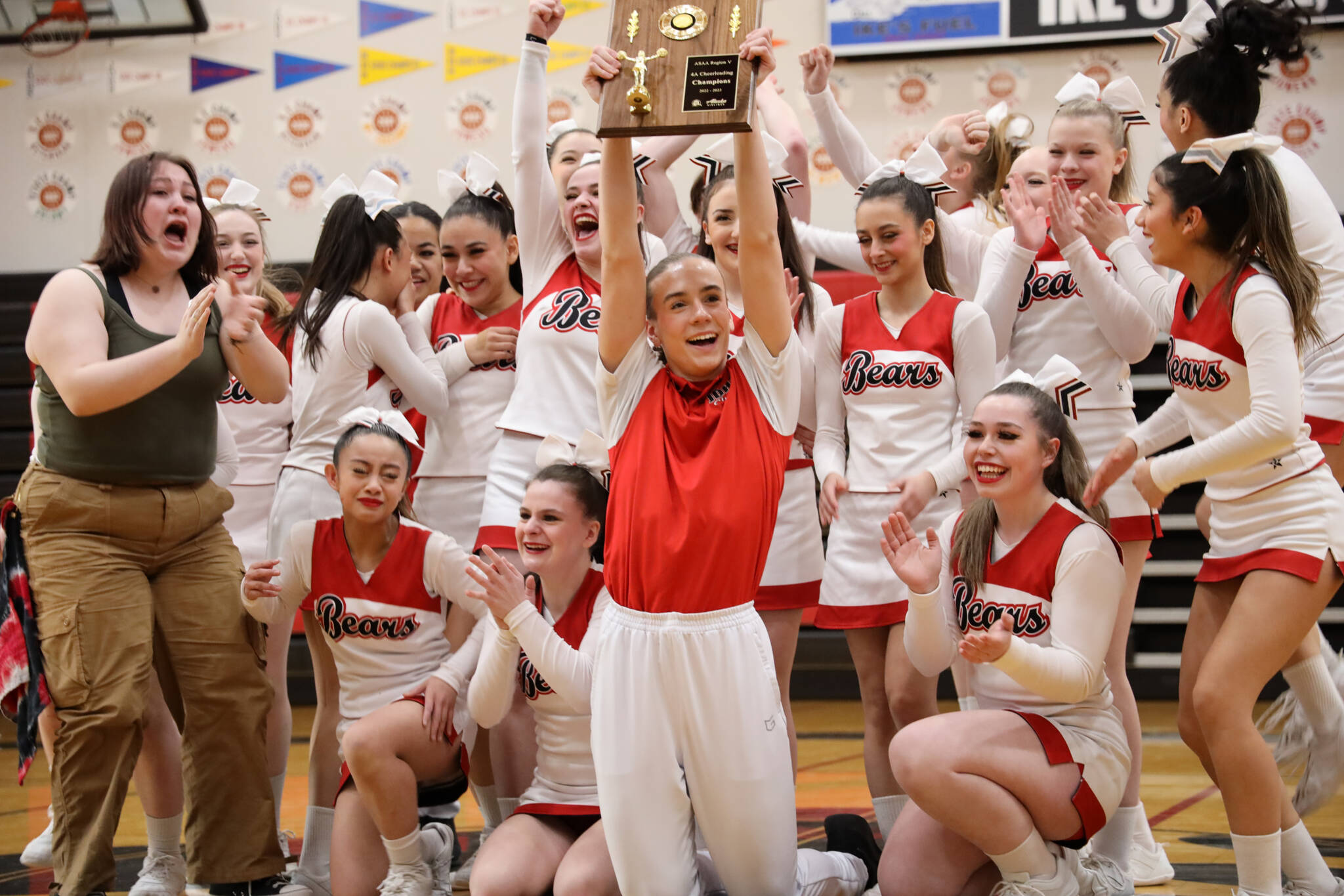 Emotions were high as JDHS cheer takes home the 4A division championship title for the third year in a row during the annual Region V 2A/4A dance adjudication competition hosted at Juneau-Douglas High School:Yadaa.at Kalé Saturday afternoon. (Clarise Larson / Juneau Empire)