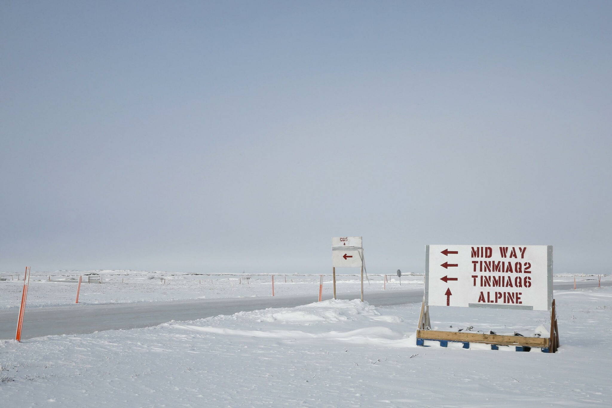 A sign points to the two wells, Tinmiaq 2 and 6, that are part of ConocoPhillips Willow project in the National Petroleum Reserve-Alaska. (Courtesy Photo / ConocoPhillips)