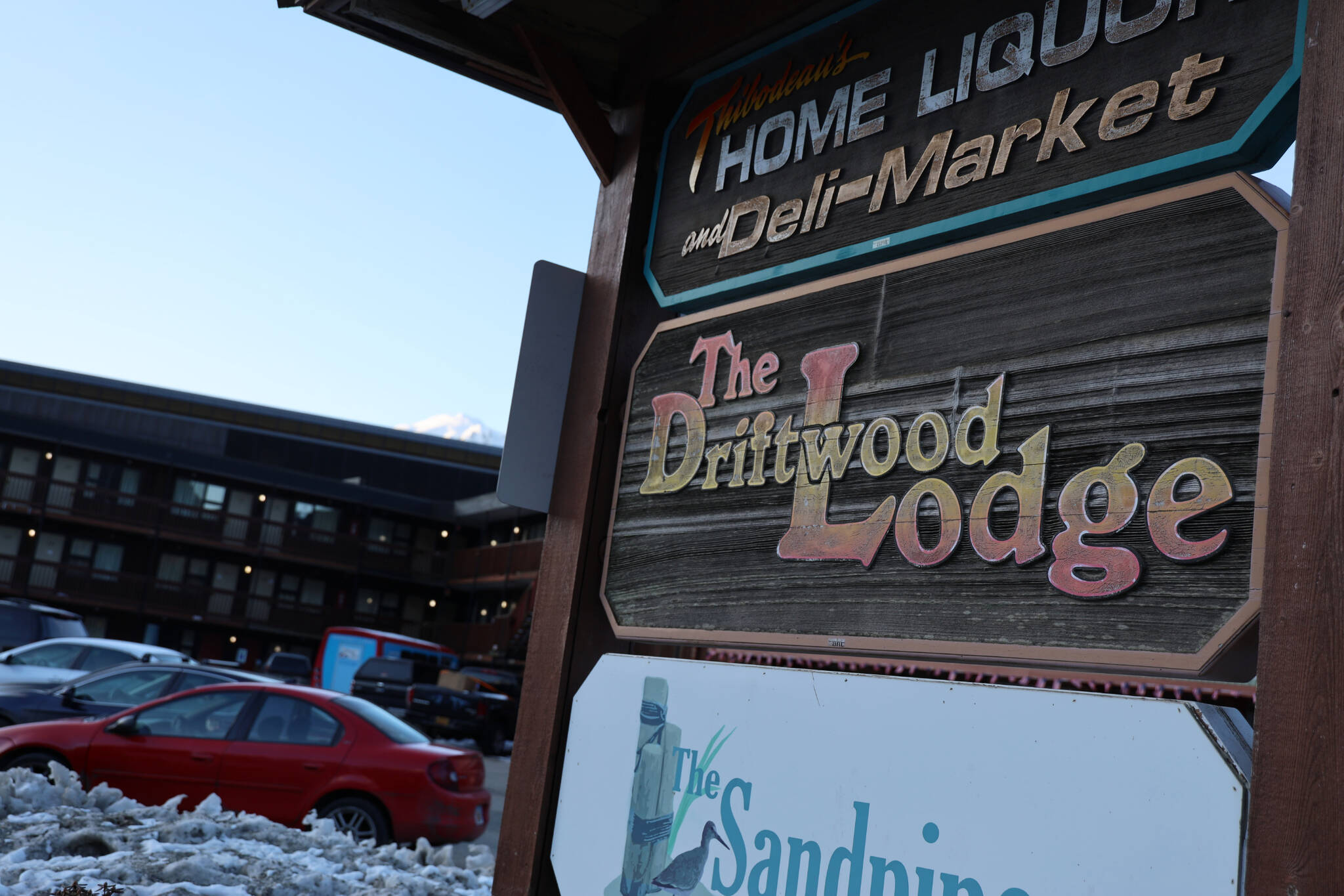 A sign marks the site of the Driftwood Lodge in downtown Juneau Monday morning. The Central Council of the Tlingit and Haida Indian Tribes of Alaska recently announced it’s purchase of the site. (Clarise Larson / Juneau Empire)