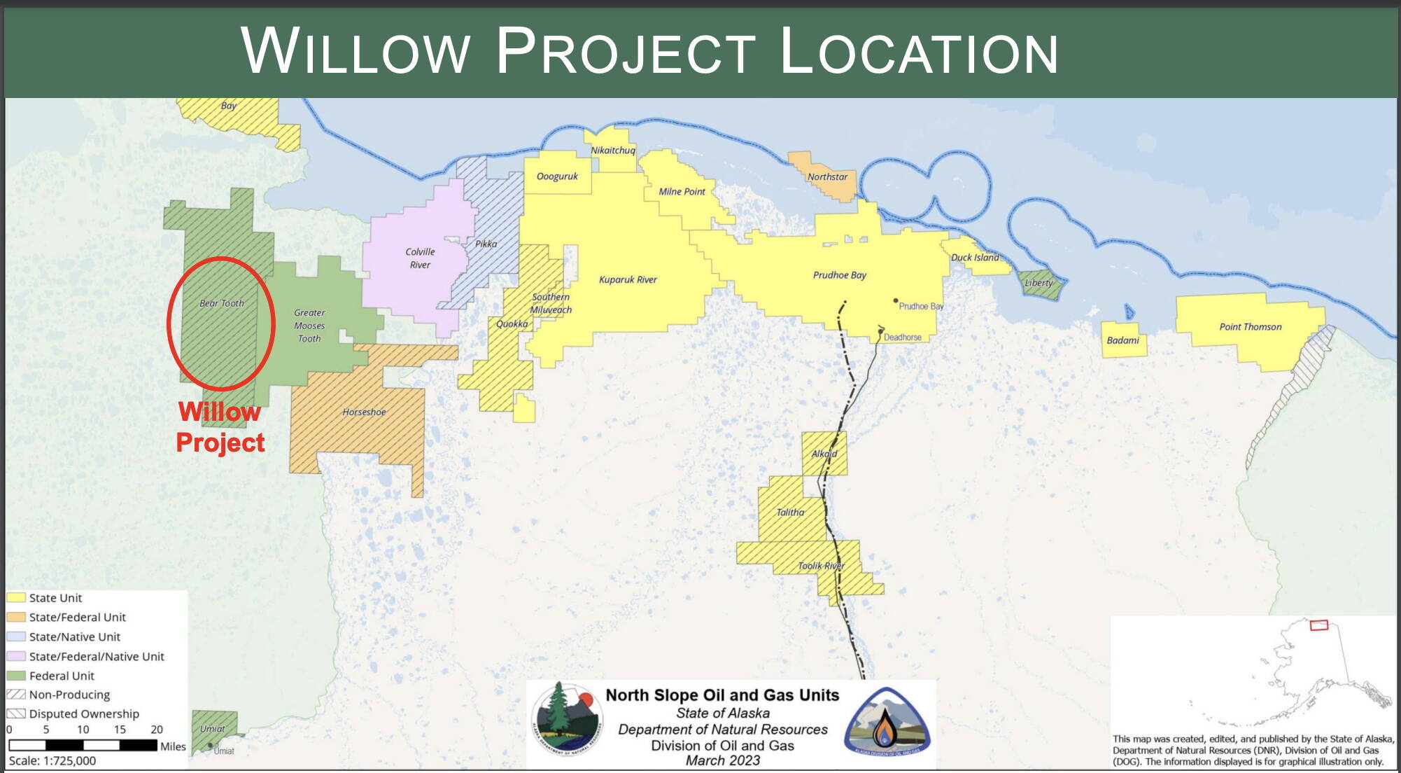 A map shows the Willow oil field in relationship to other projects on the North Slope. The Willow field is unique because it is entirely on federal land, which means the state doesn’t receive royalties from production.(Alaska Department of Natural Resources)