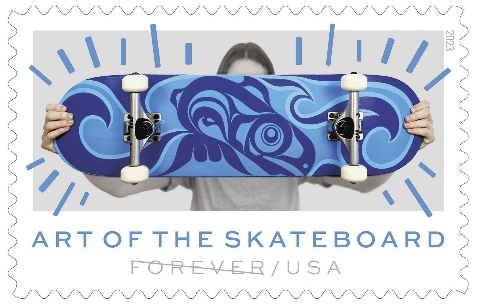 This image provided by the U.S. Postal Service shows an “Art of the Skateboard” Forever stamp with a design by Juneau artist Crystal Kaakeeyaa Worl, who is Tlingit and Athabascan. The agency on Friday, March 24, 2023, is debuting the stamps at a Phoenix skate park. The stamps feature designs from four artists from around the country, including two Indigenous artists. (Courtesy of USPS)